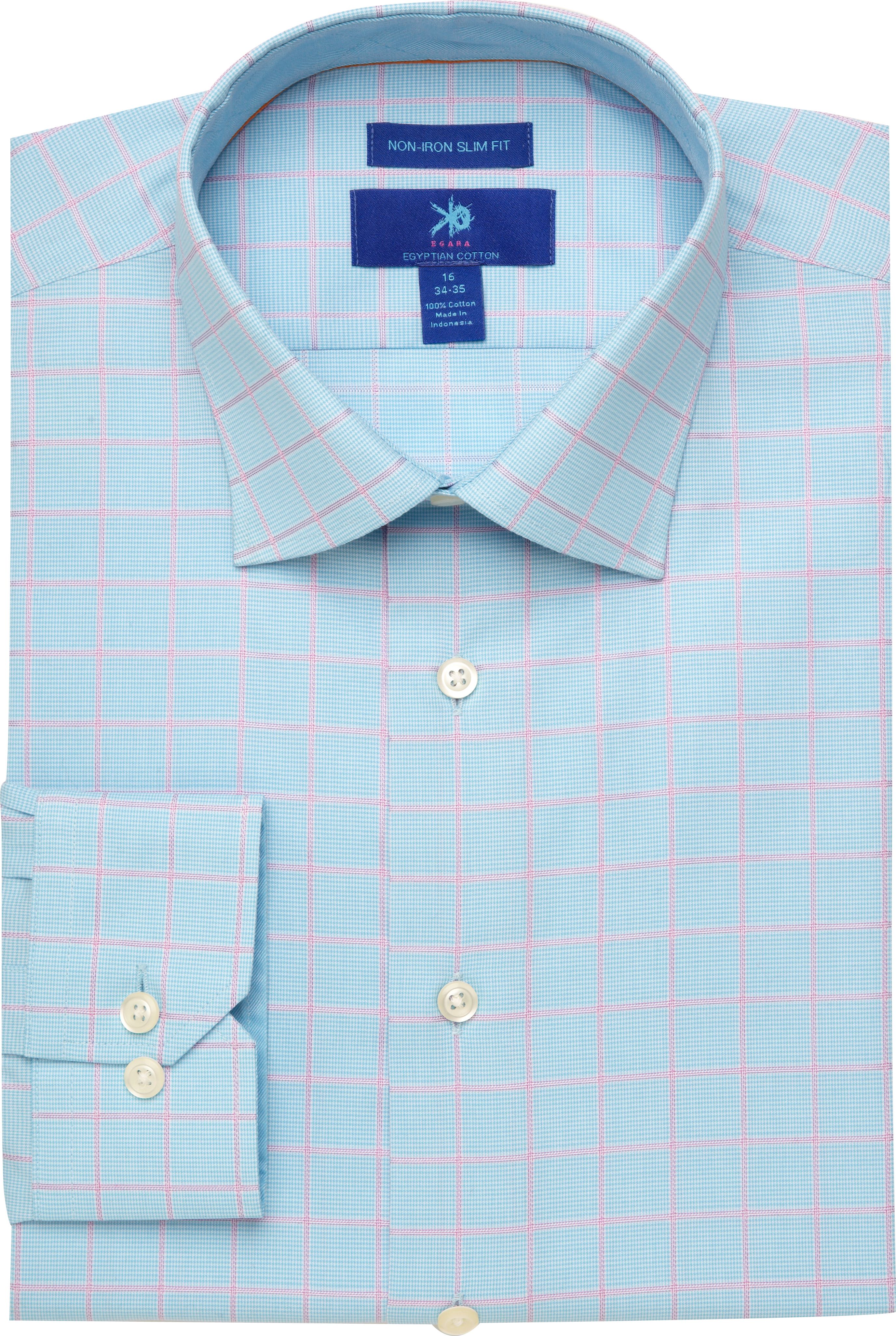 Egara Teal Windowpane Plaid Slim Fit Dress Shirt