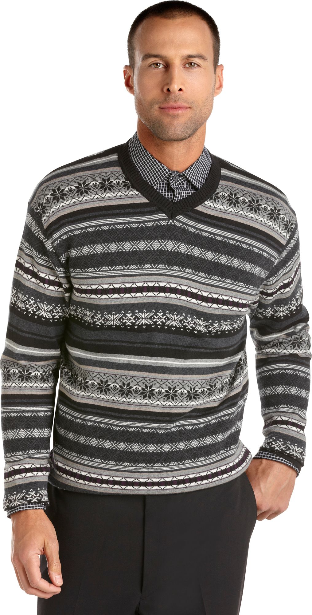 Pronto Blue V-Neck Sweater, Gray Stripe