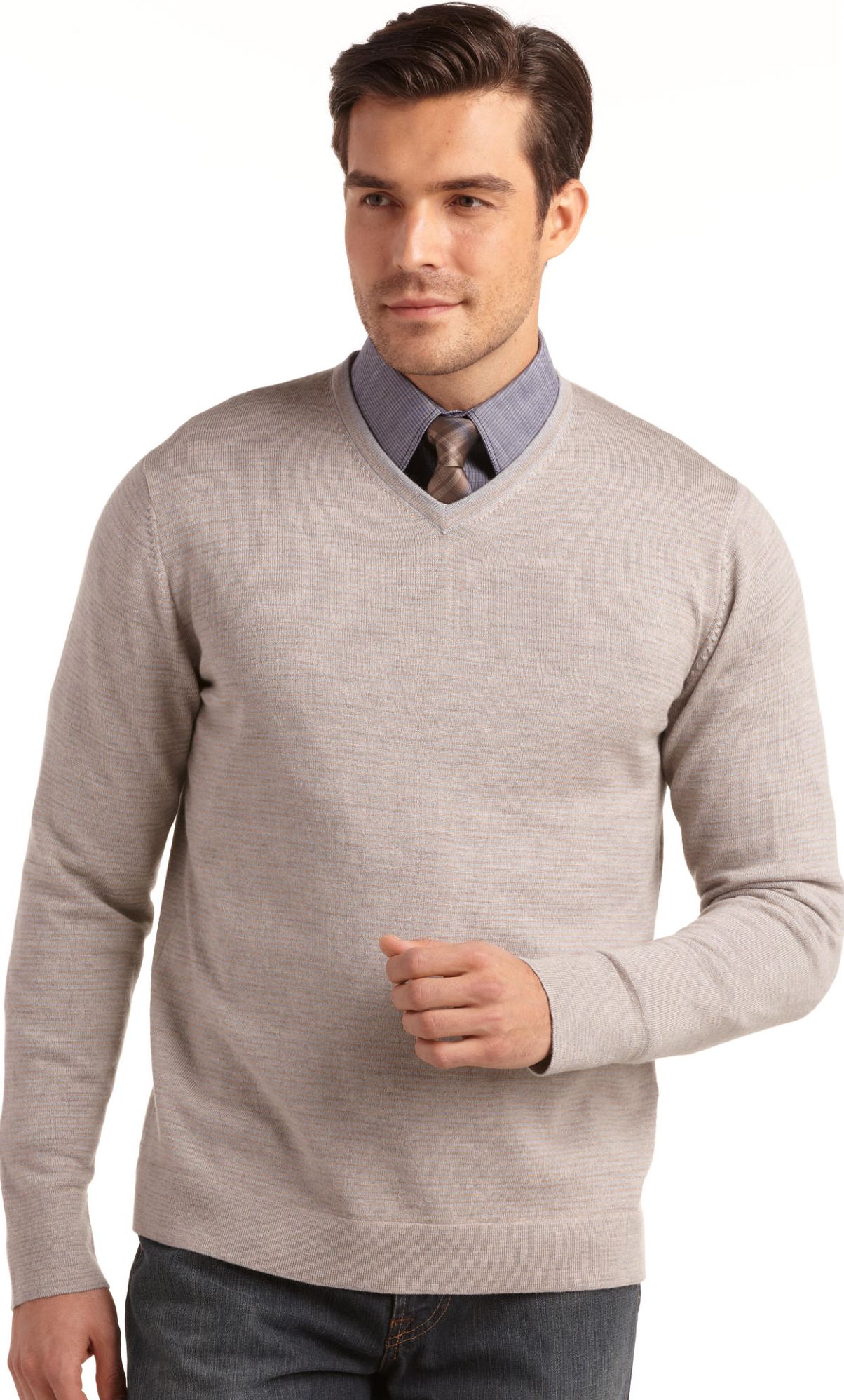 Pronto Uomo Tan and Gray Stripe V-Neck Sweater