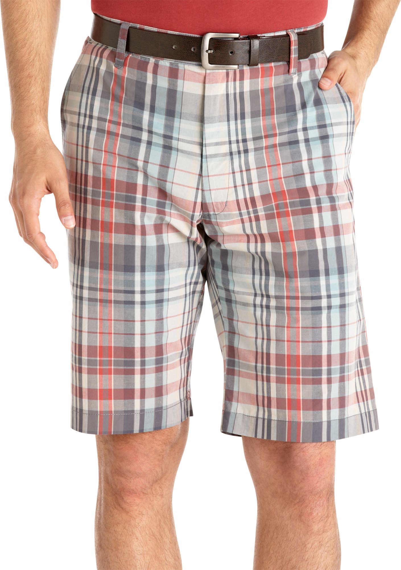Pronto Blue Plaid Shorts, Red