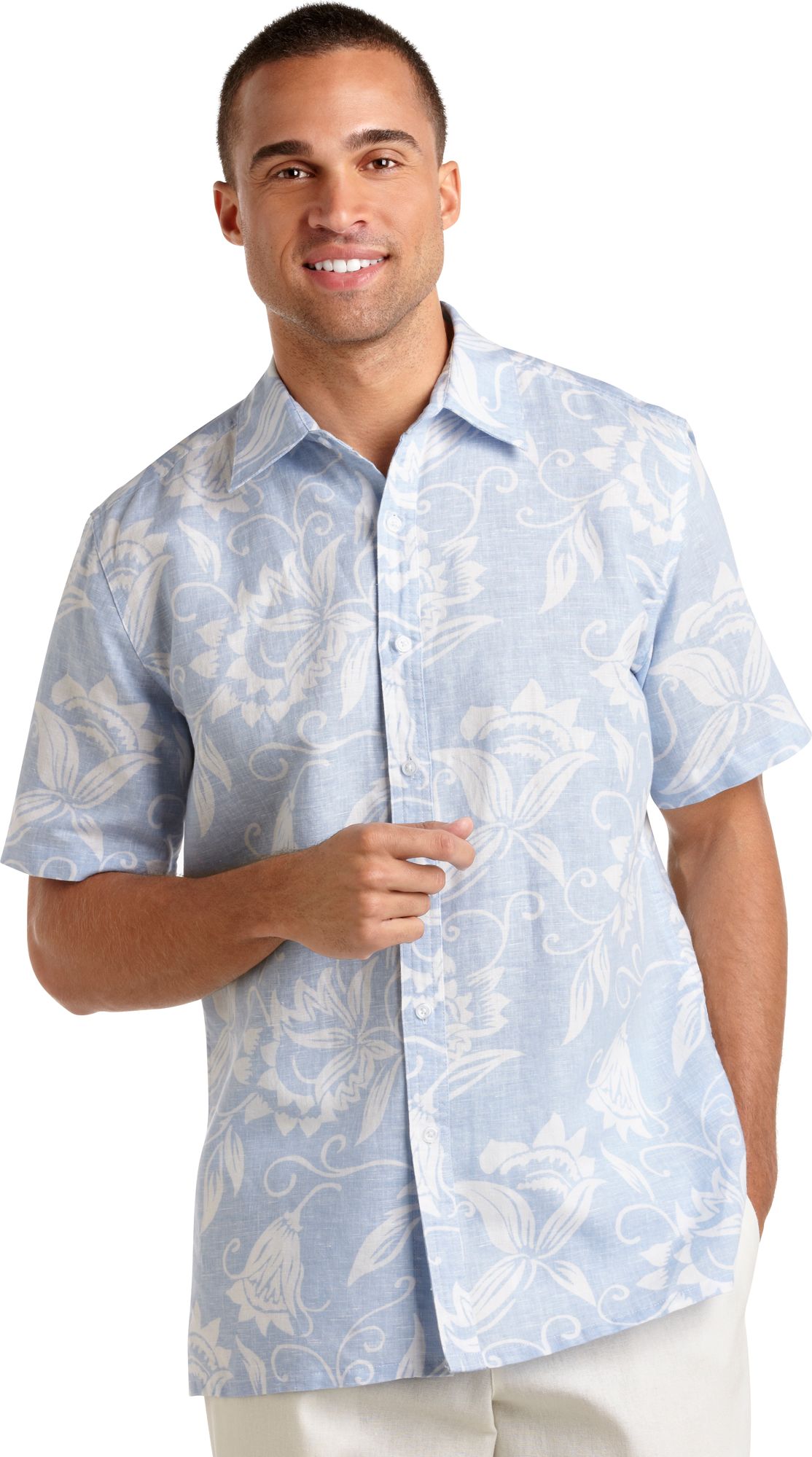 Natural Blue Floral Linen Blend Camp Collar Shirt, Light Blue