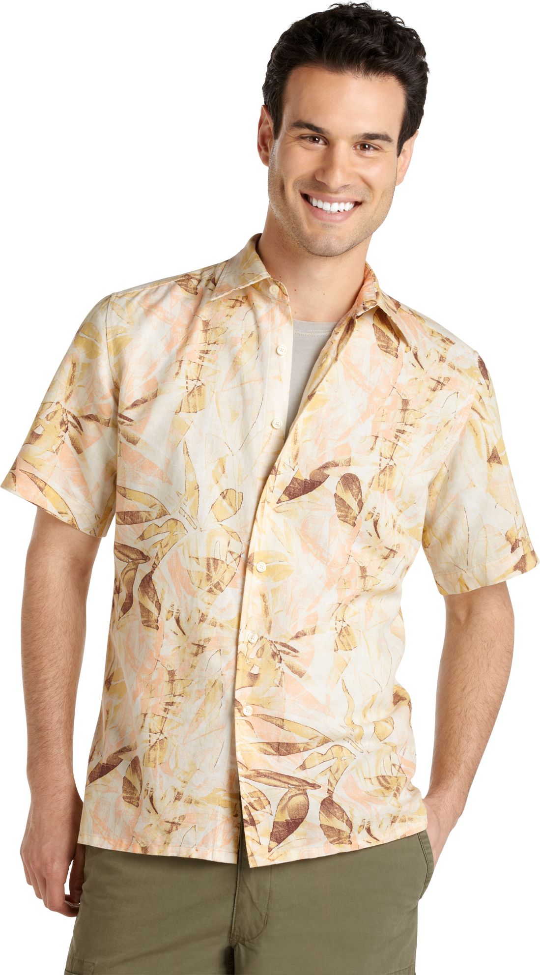 Natural Blue Palm Print Camp Shirt, Yellow