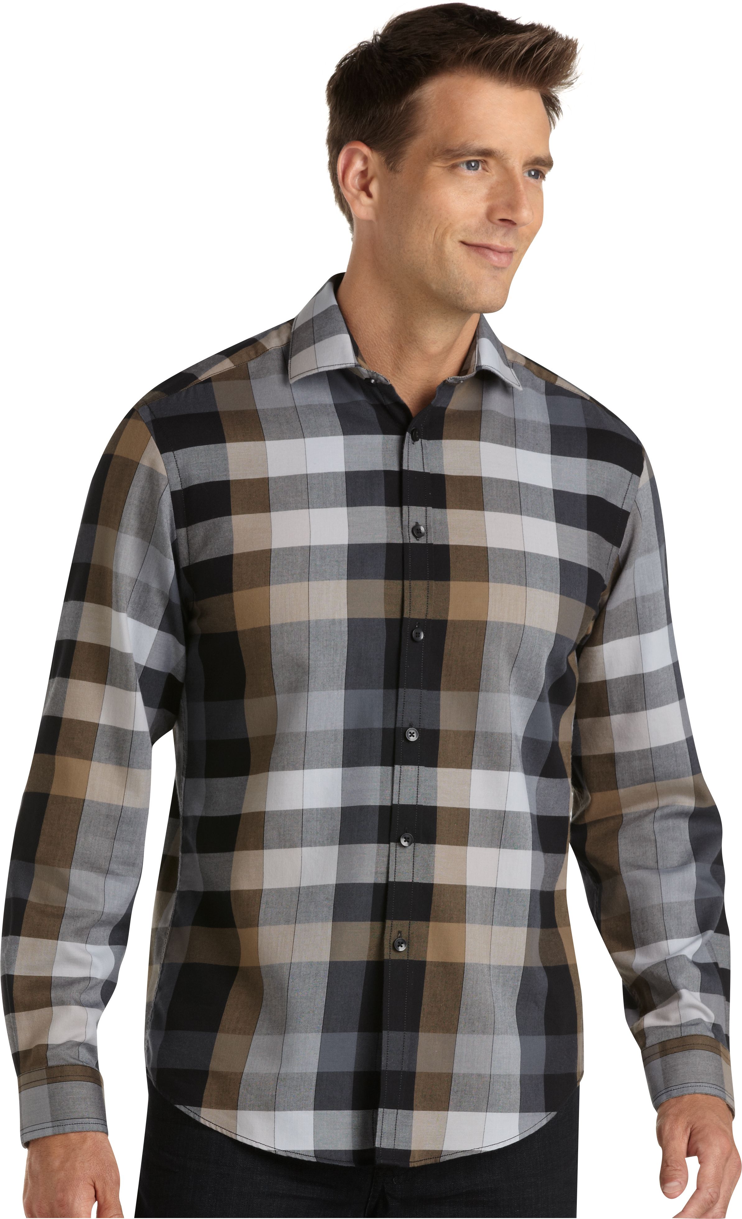 Pronto Blue Sport Shirt, Brown and Gray Plaid