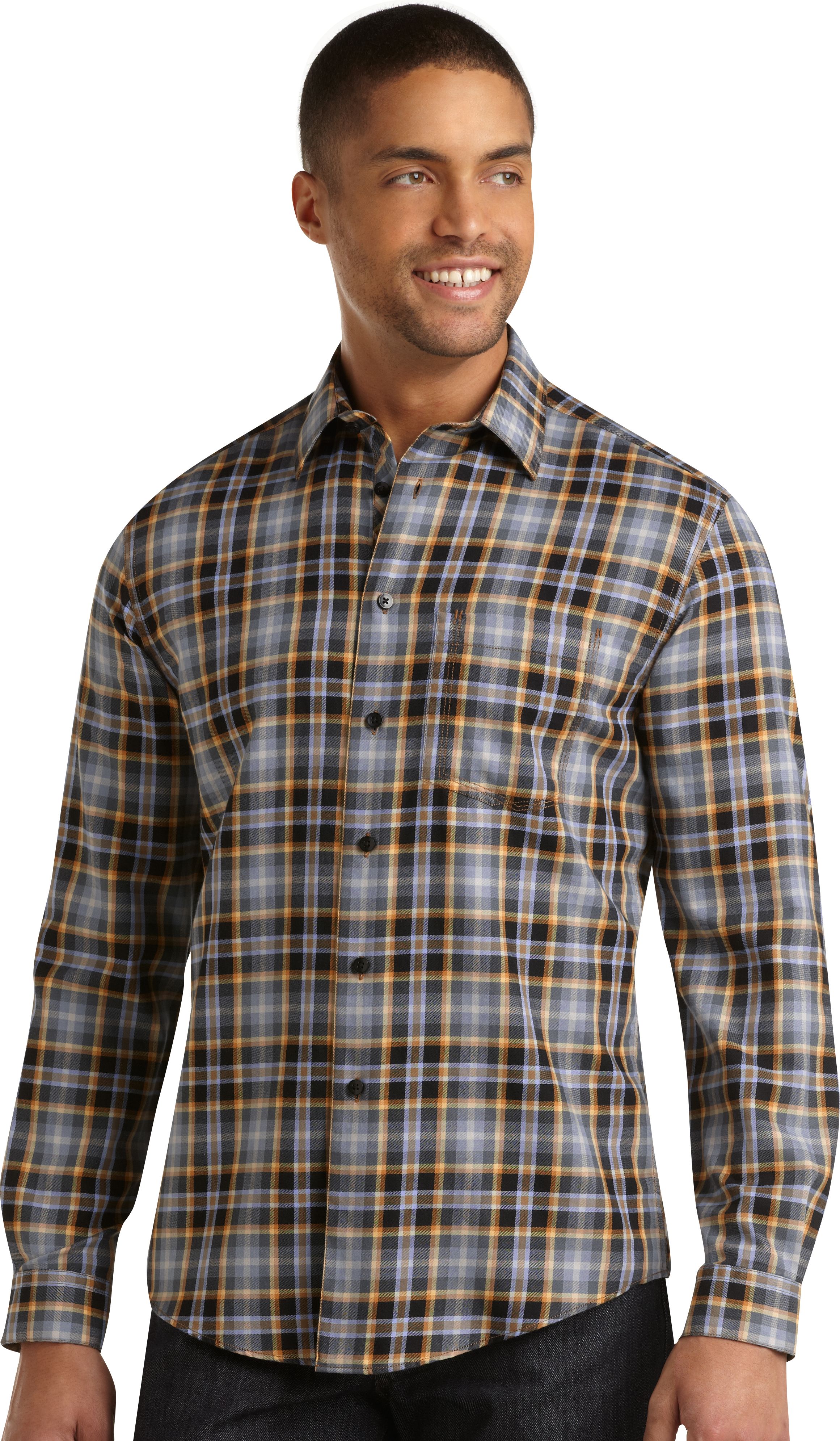 Pronto Blue Sport Shirt Orange Plaid