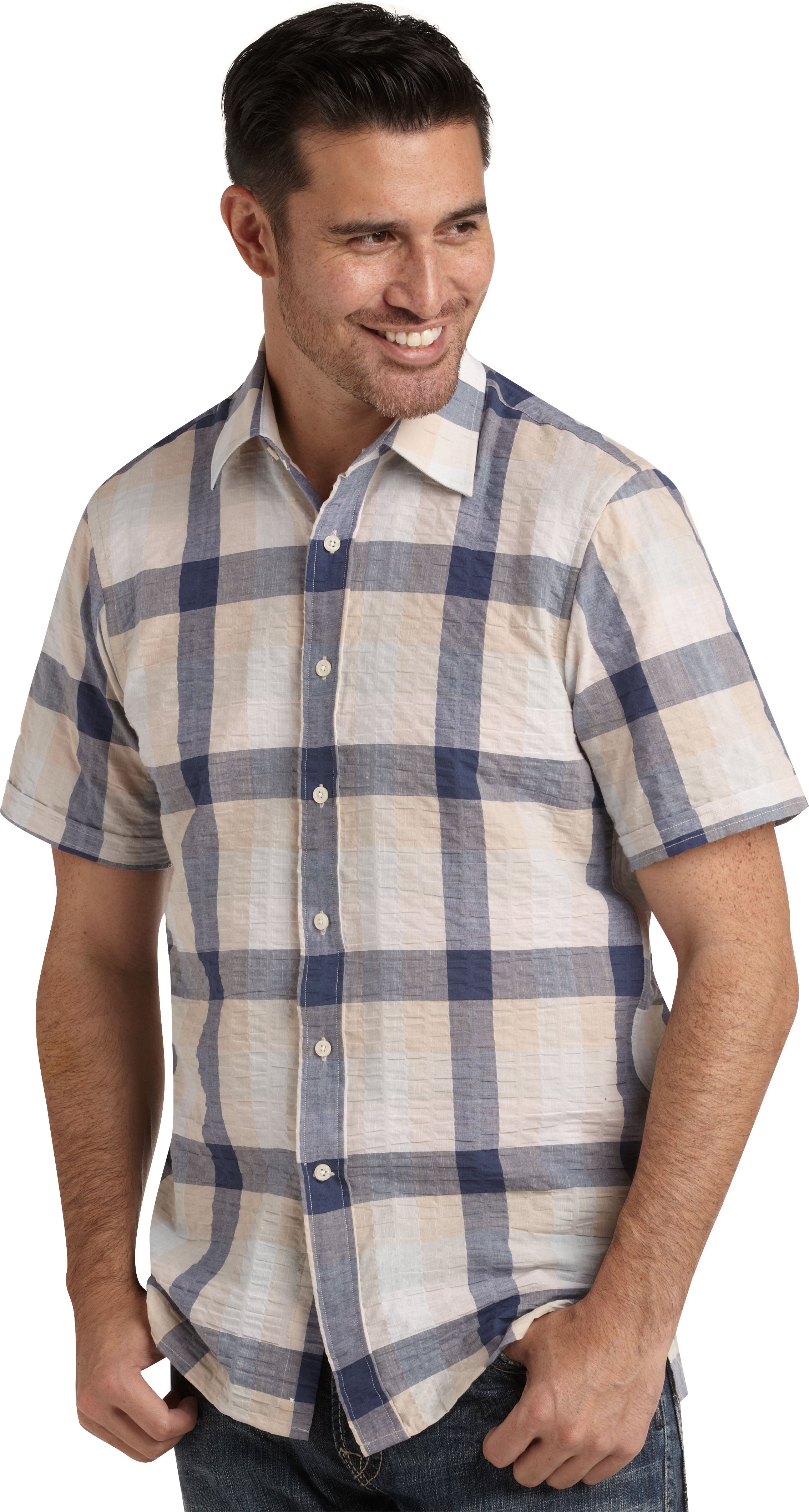 Pronto Blue Camp Shirt, Tan Check