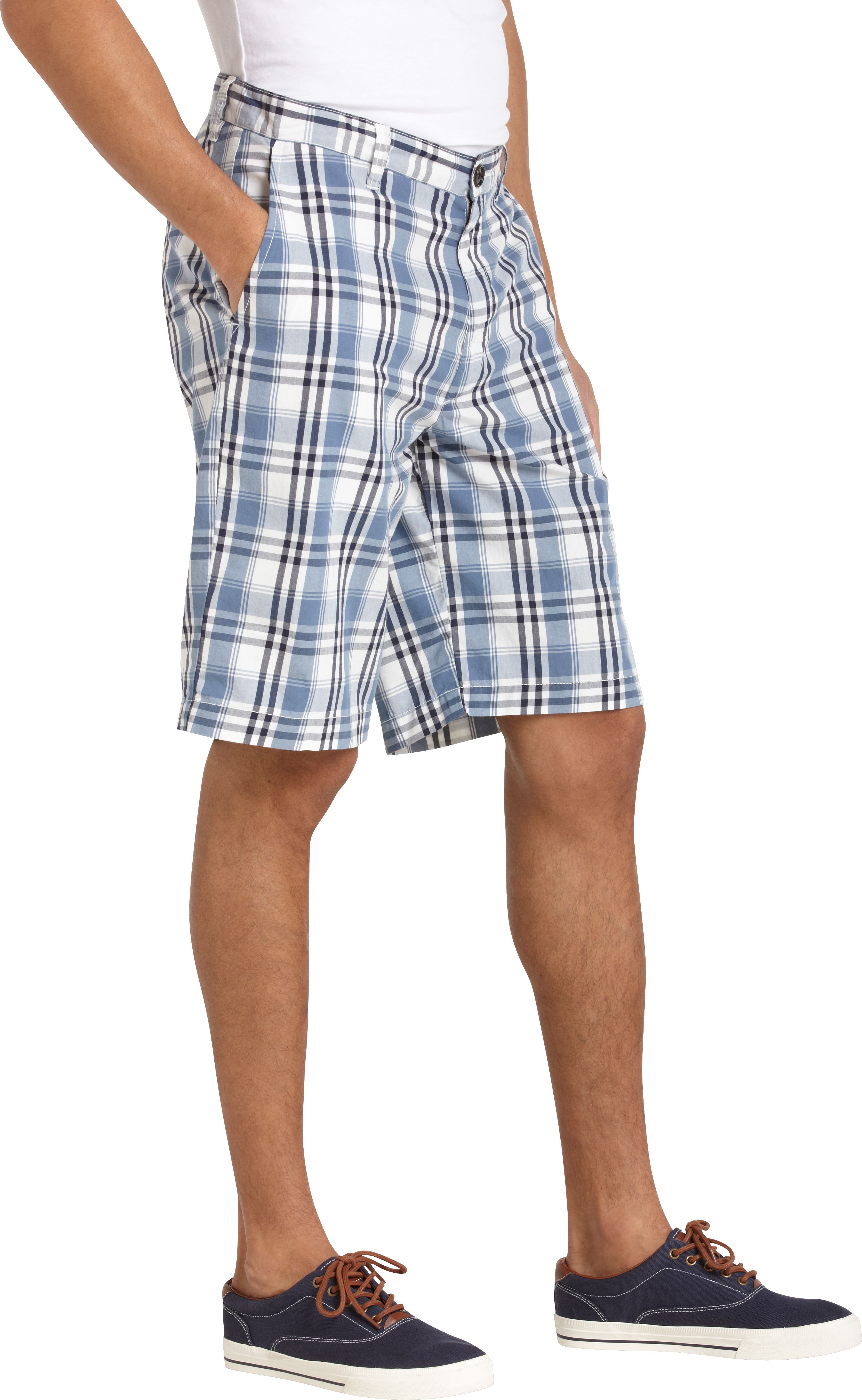 Pronto Blue Modern Fit Shorts, Navy and Blue Plaid
