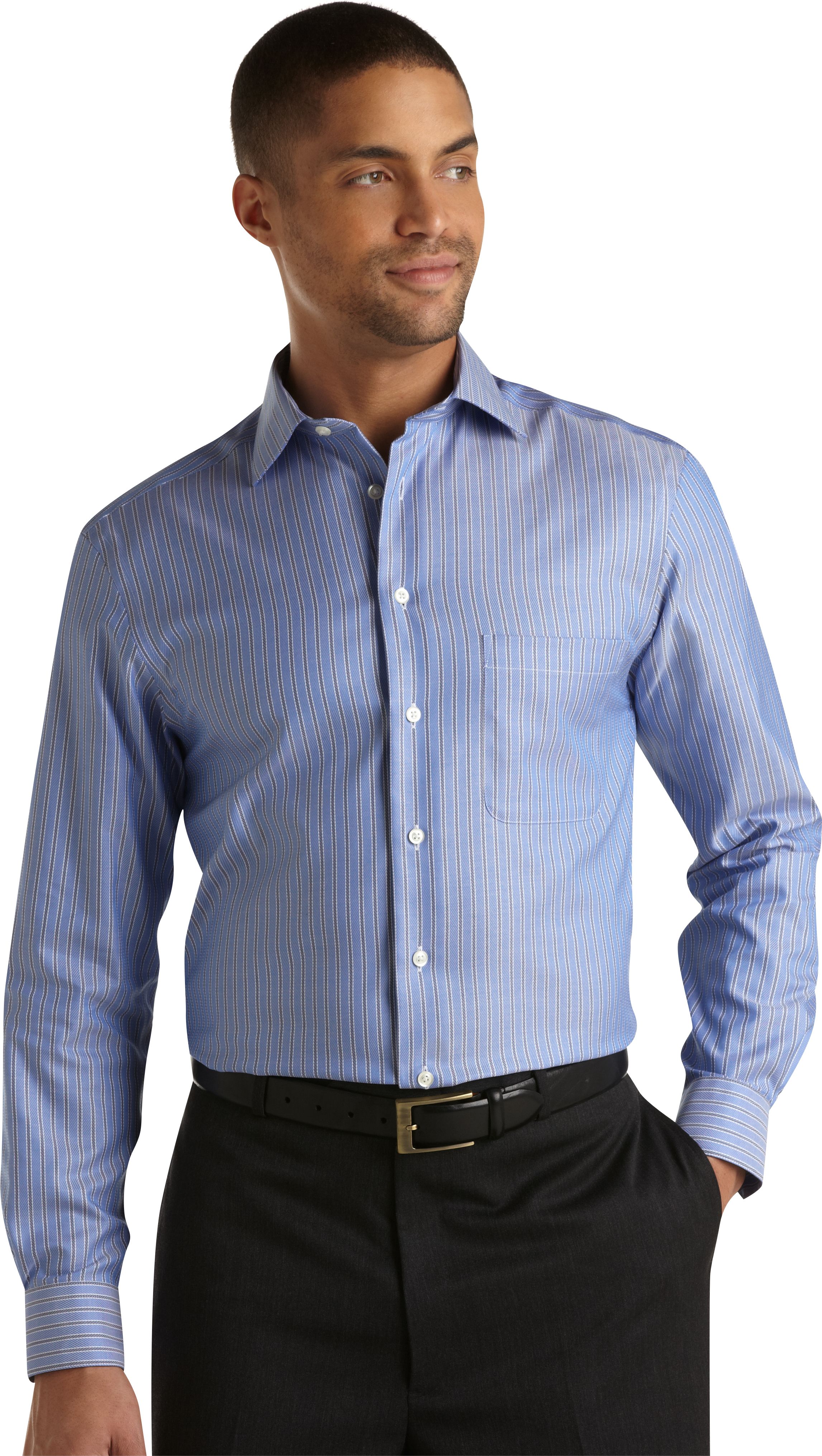 Pronto Uomo Blue and Navy Herringbone Multistripe Modern Fit Sport Shirt