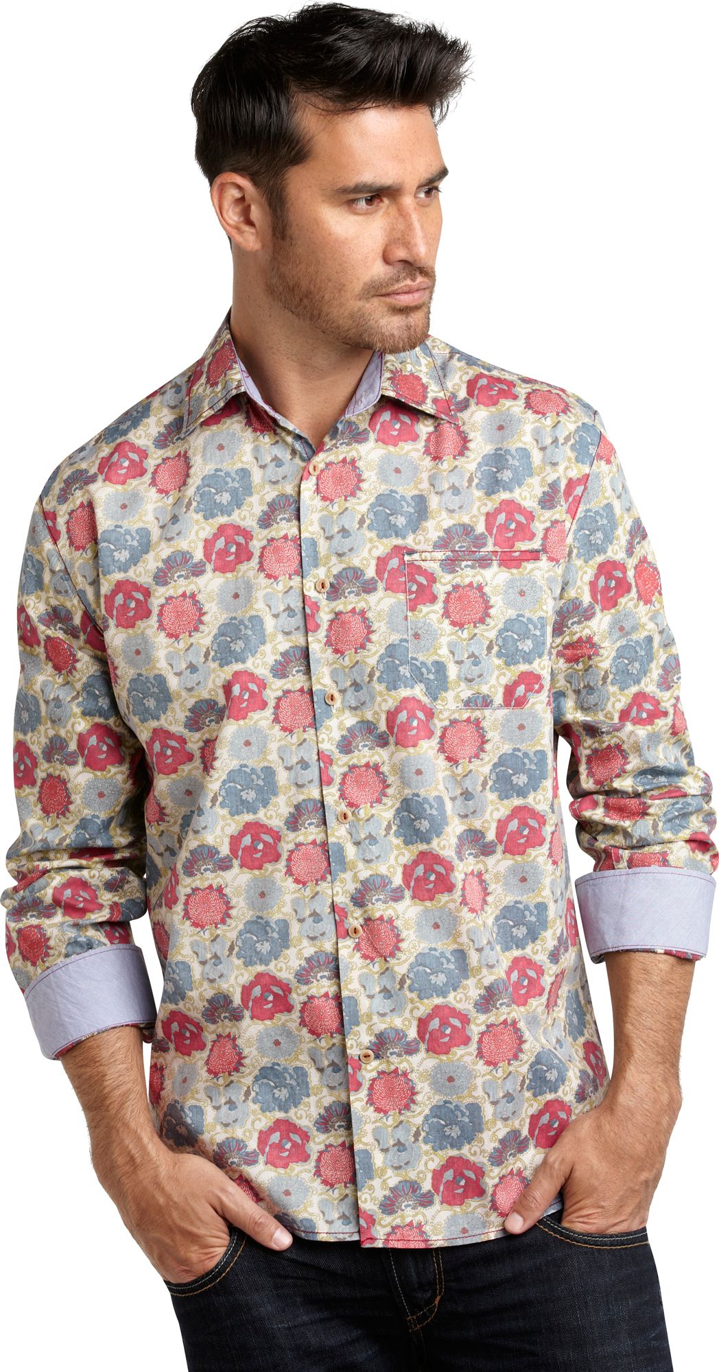 Pronto Blue Sport Shirt, Blue and Red Floral