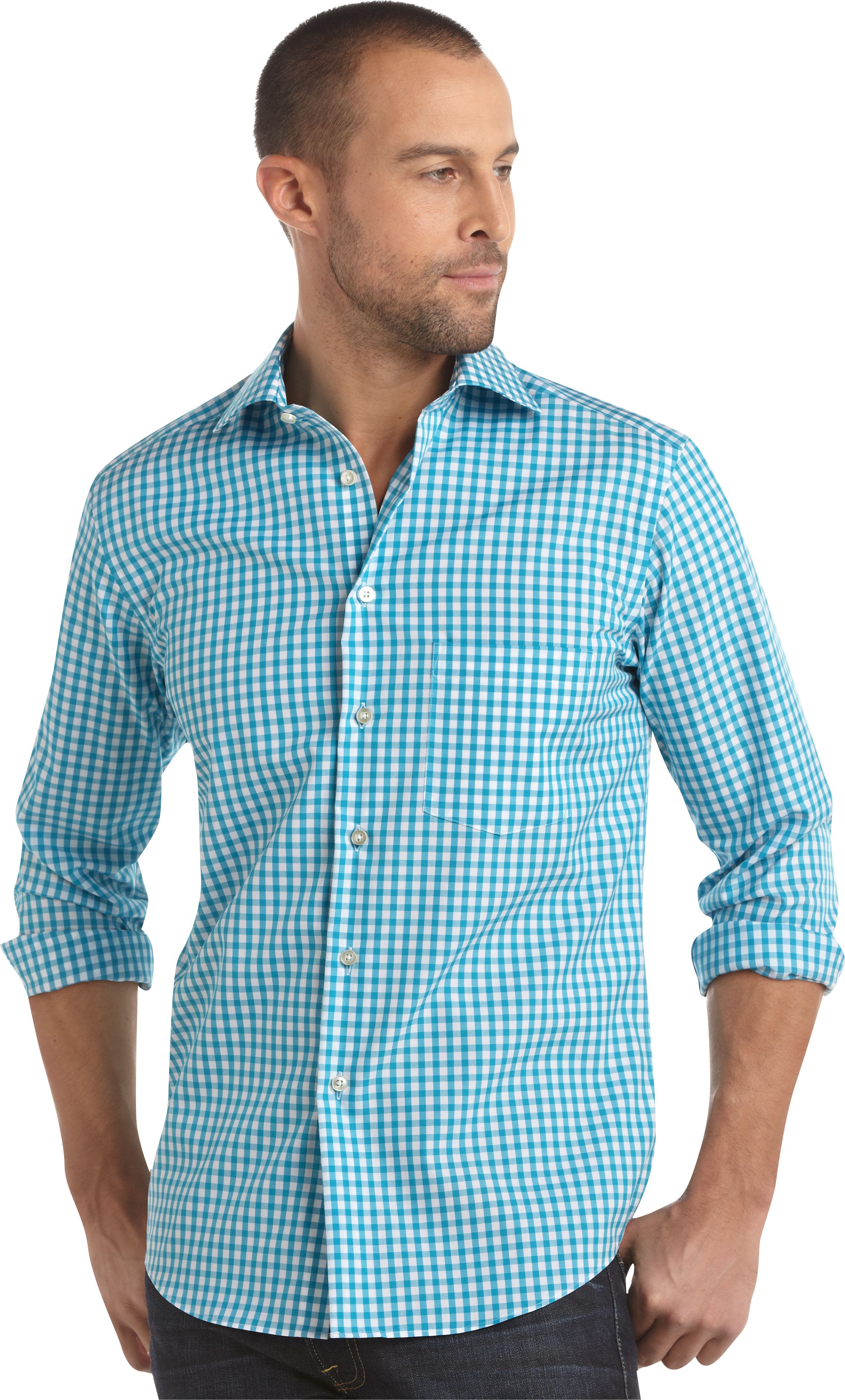 Egara Teal and White Gingham Modern Fit Sport Shirt