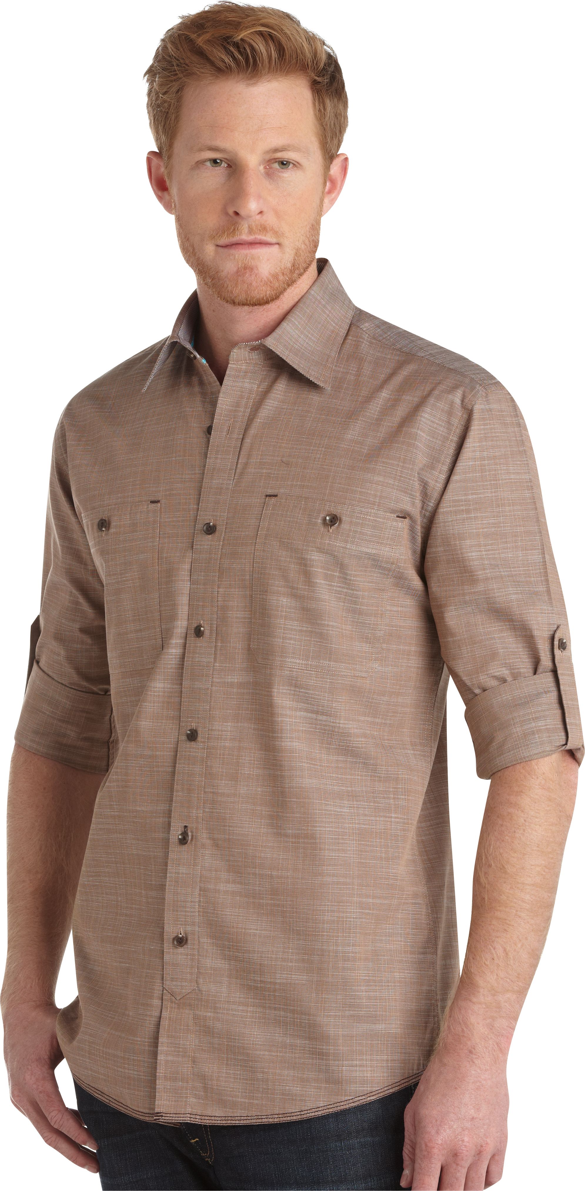 Pronto Blue Woven Sport Shirt, Tan