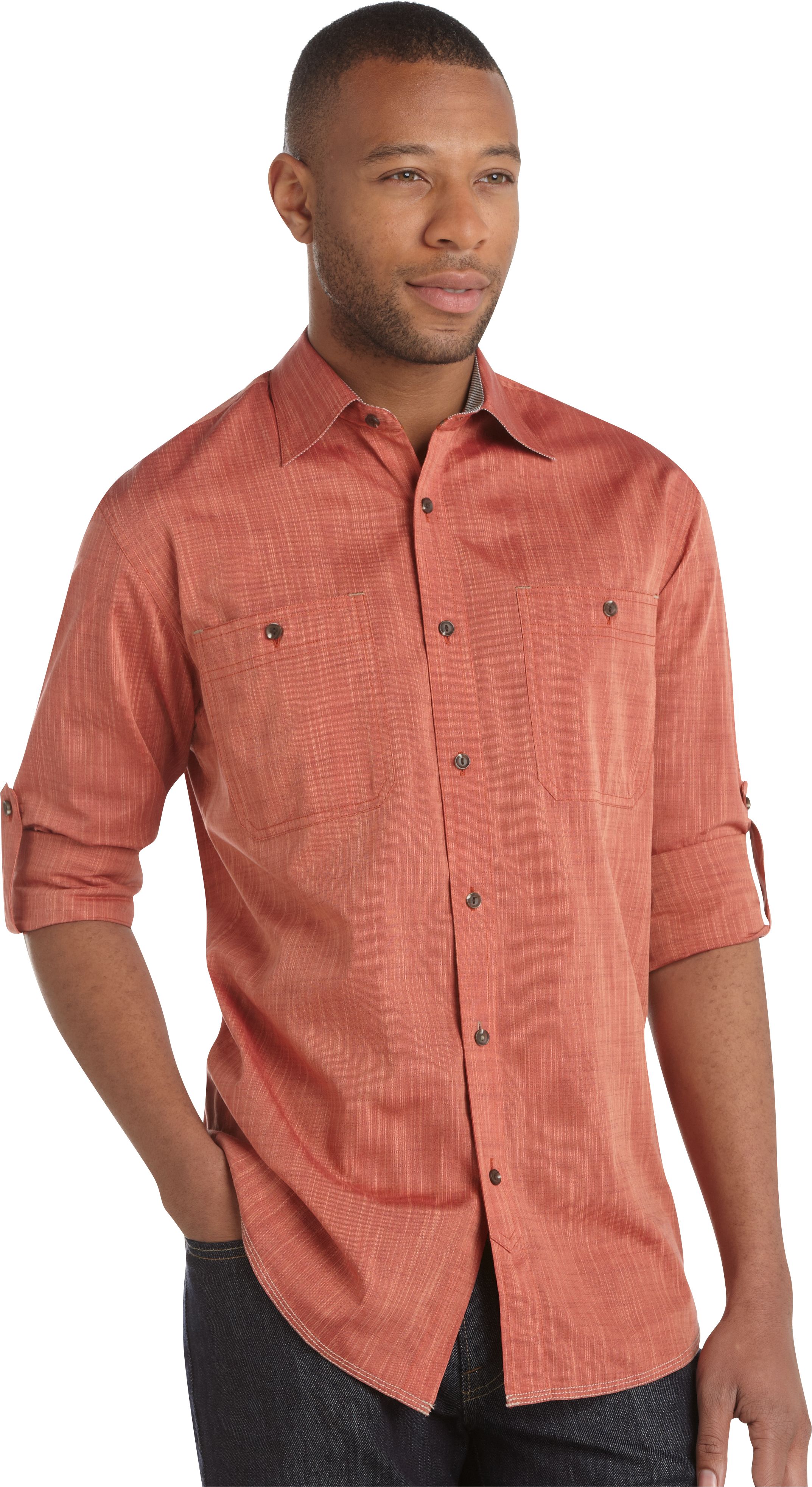 Pronto Blue Woven Sport Shirt, Coral