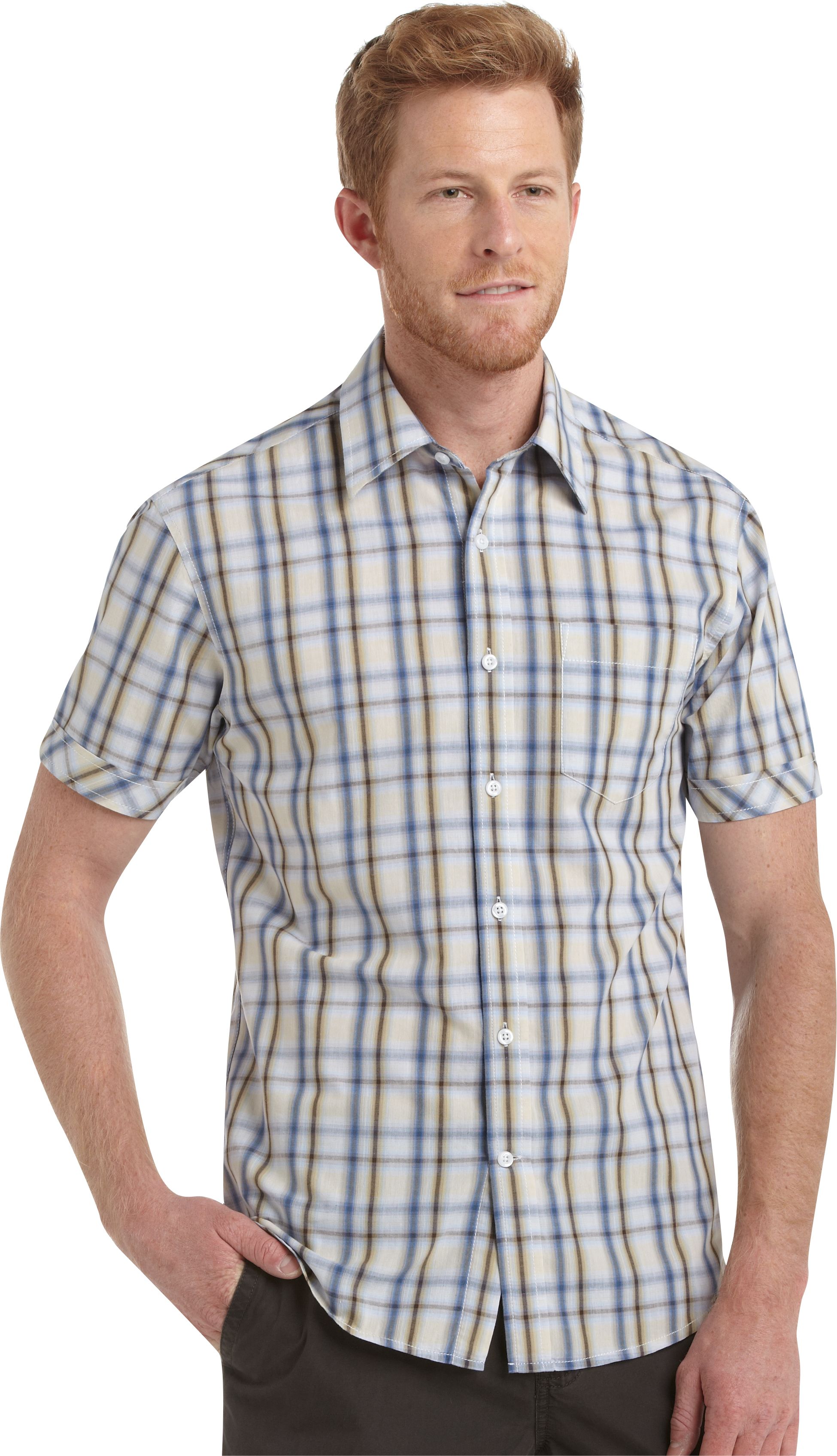 Pronto Blue Plaid Sport Shirt, Blue and Tan