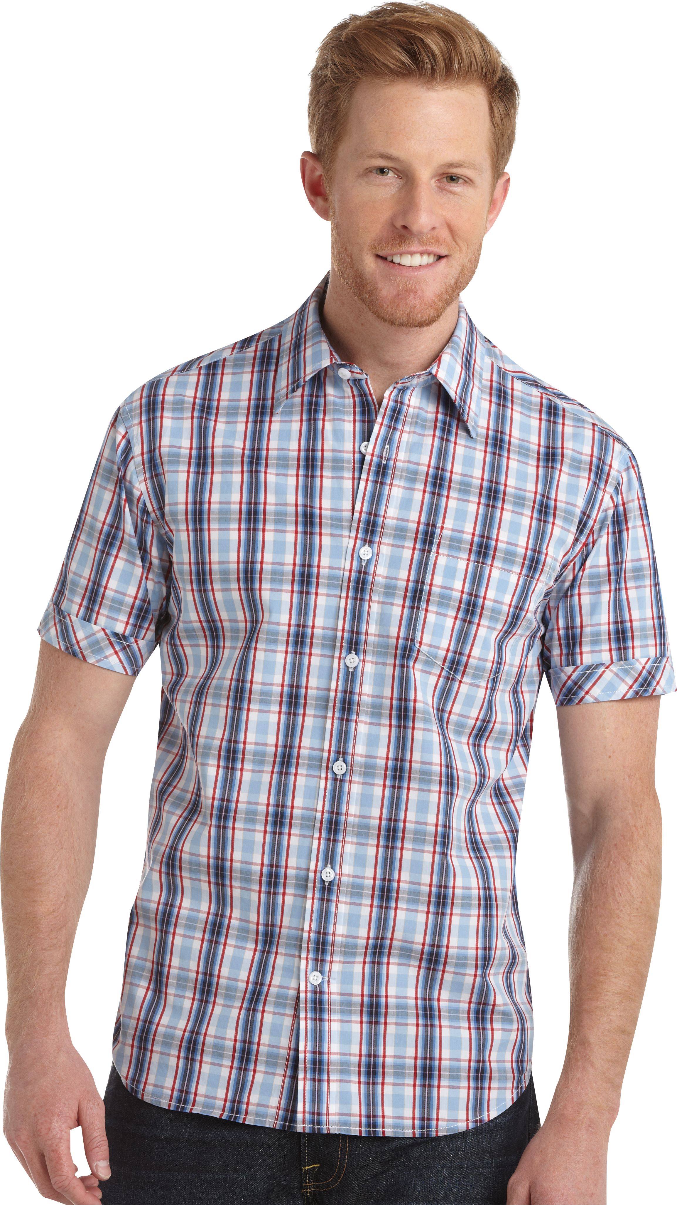 Pronto Blue Plaid Sport Shirt, Blue and Red