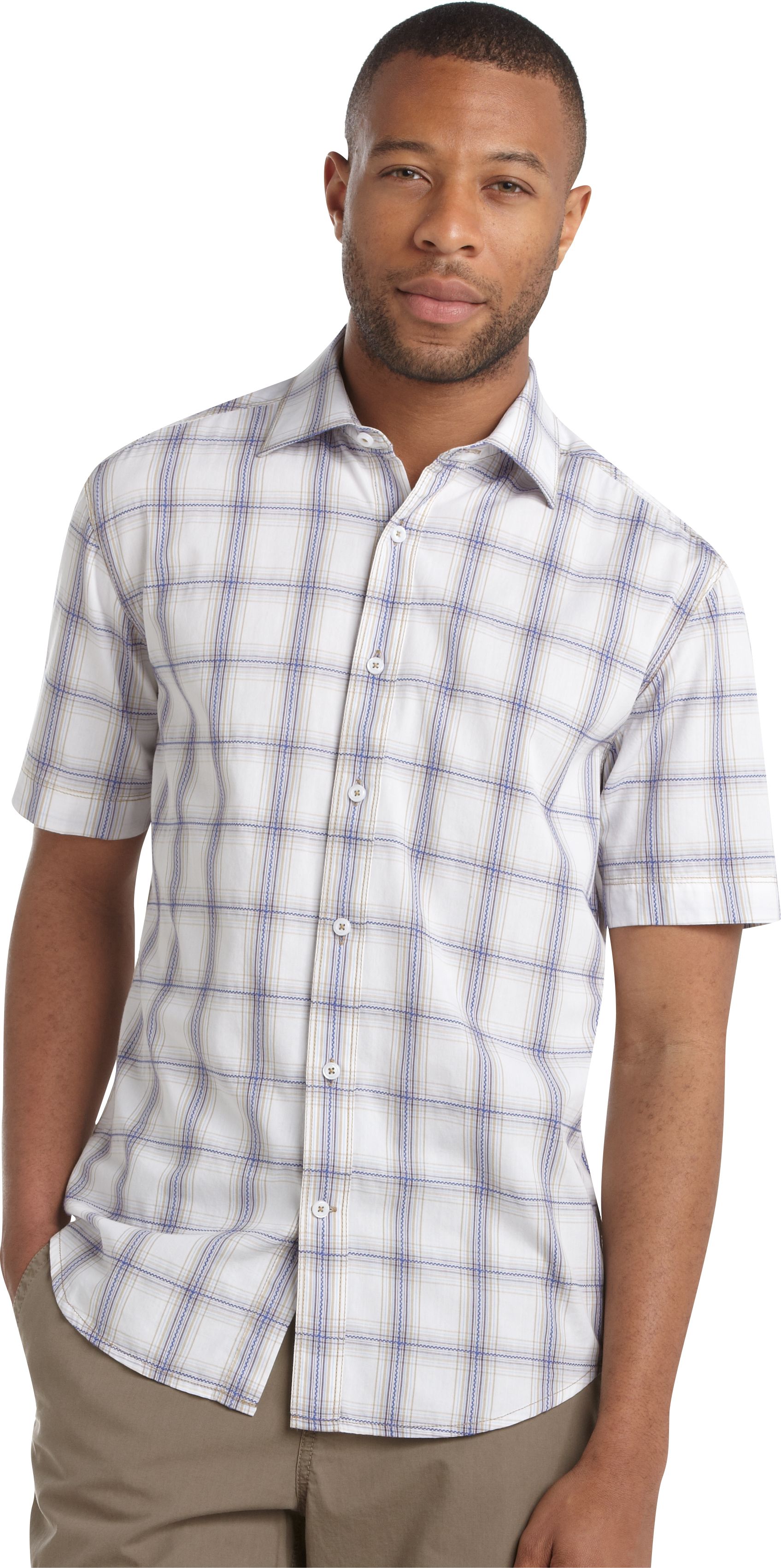 Pronto Blue Plaid Sport Shirt, Navy and Tan