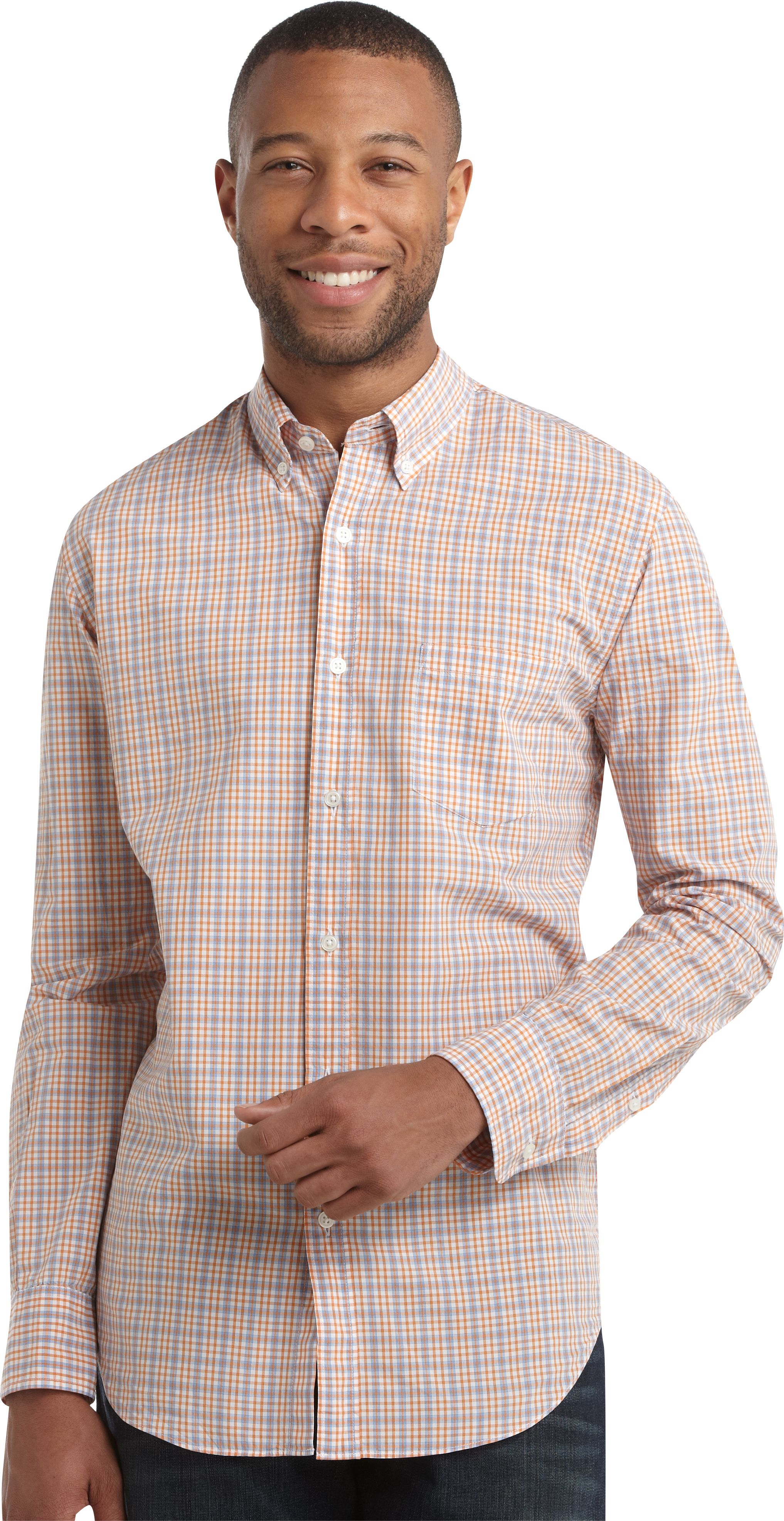 Pronto Blue Slim Fit Sport Shirt, Orange and Blue Plaid