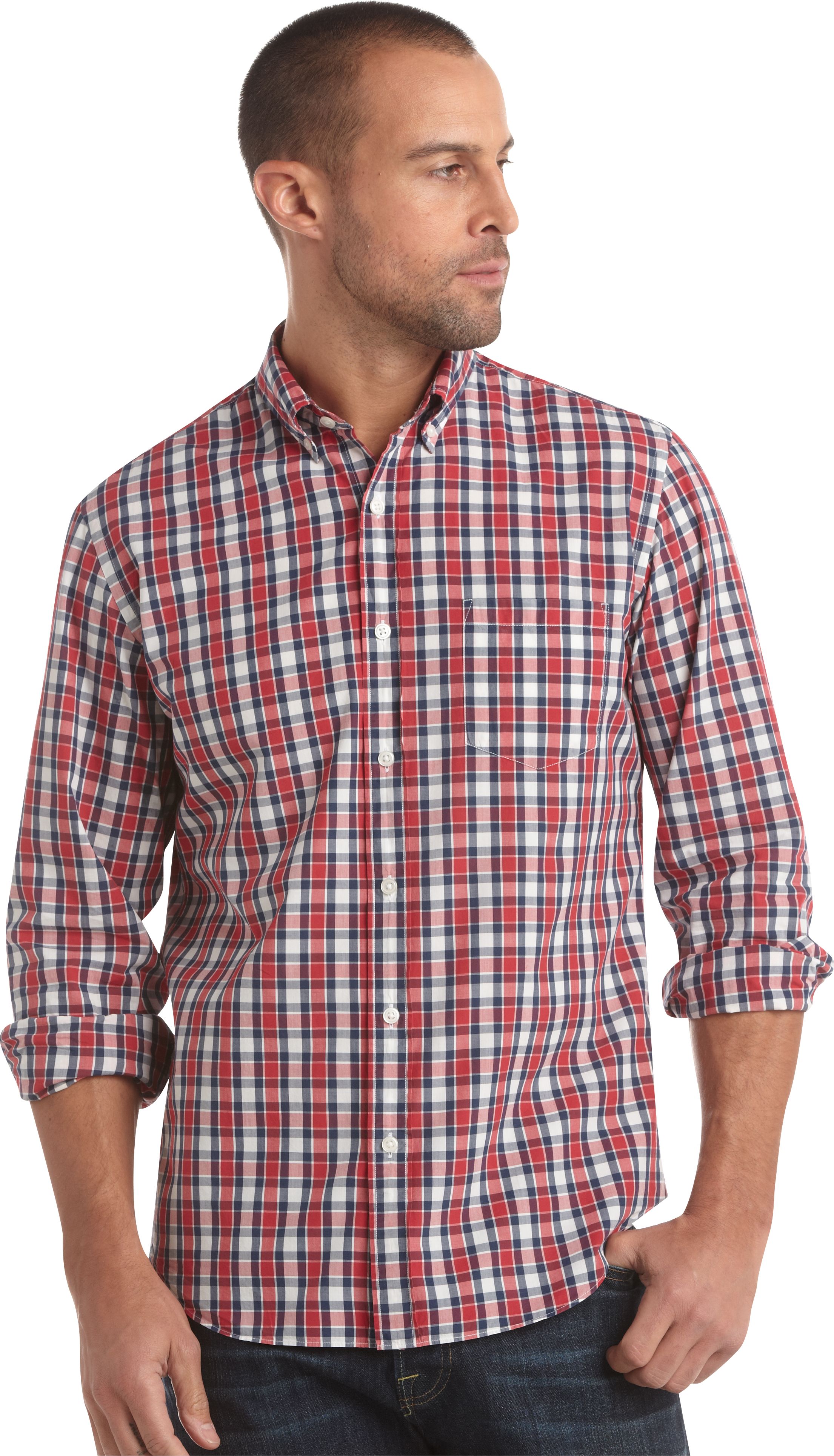 Pronto Blue Slim Fit Sport Shirt, Navy and Red Plaid