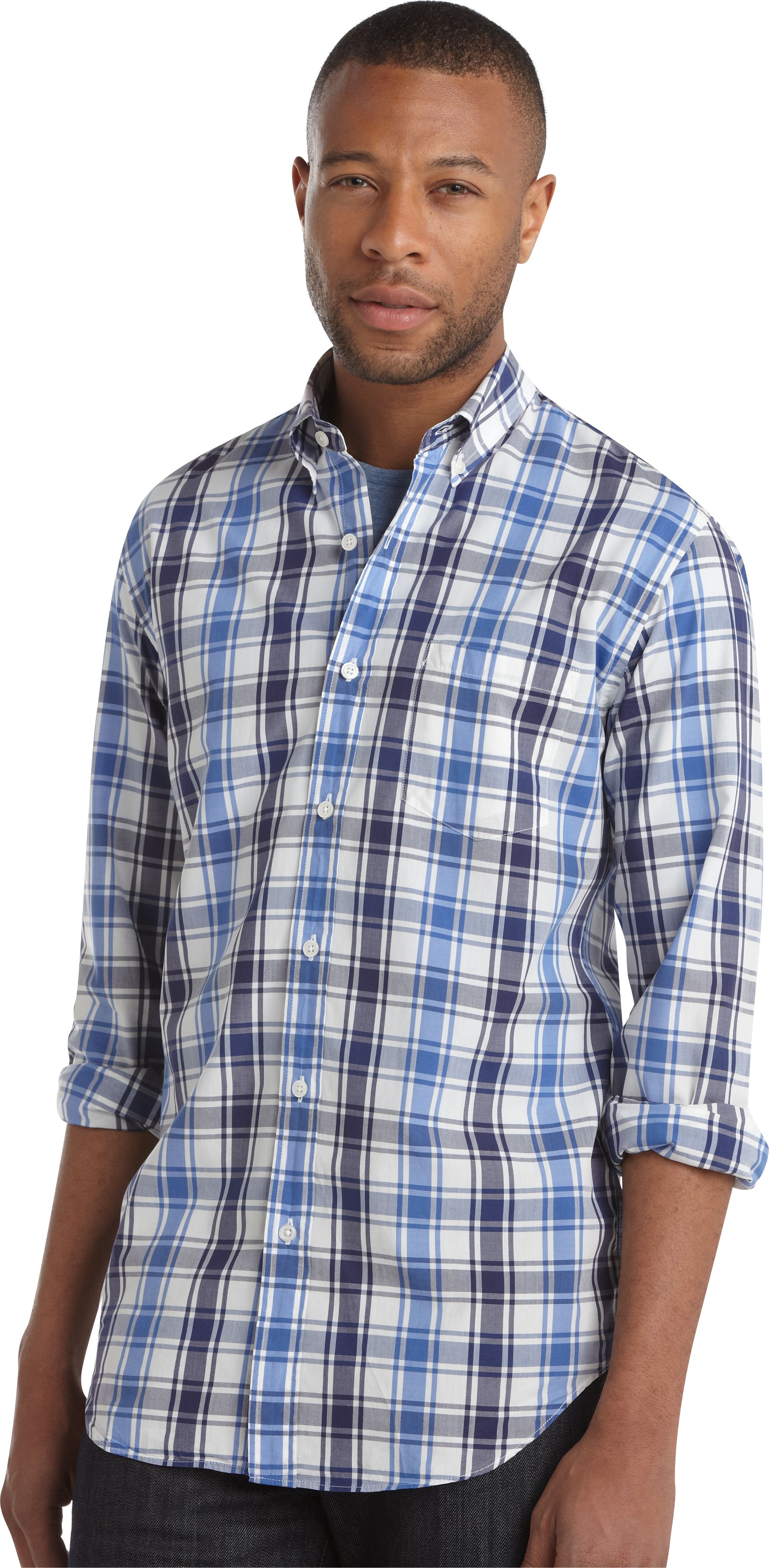 Pronto Blue Slim Fit Sport Shirt, Navy and Blue Plaid