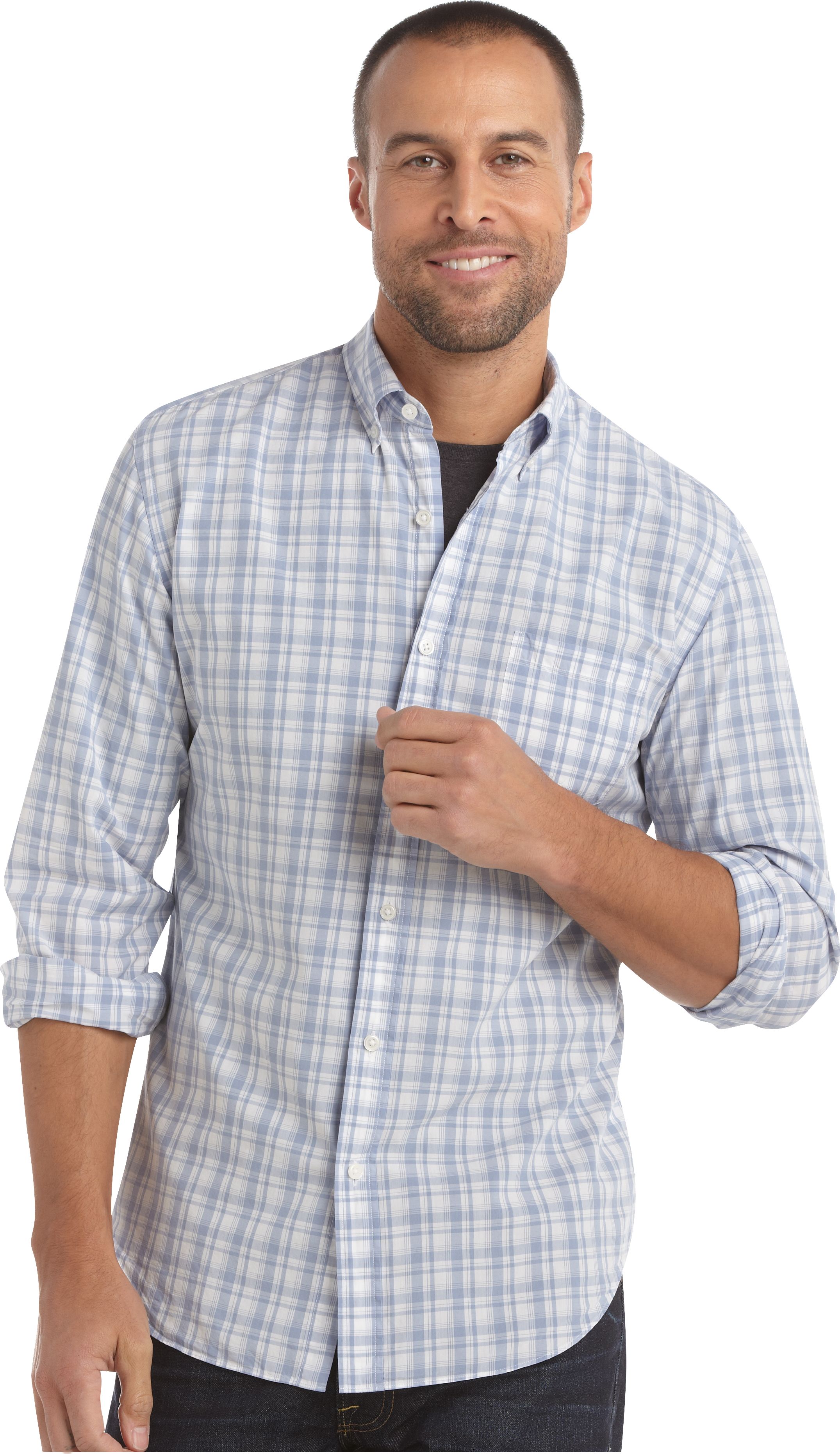 Pronto Blue Slim Fit Sport Shirt, Light Blue and White Plaid