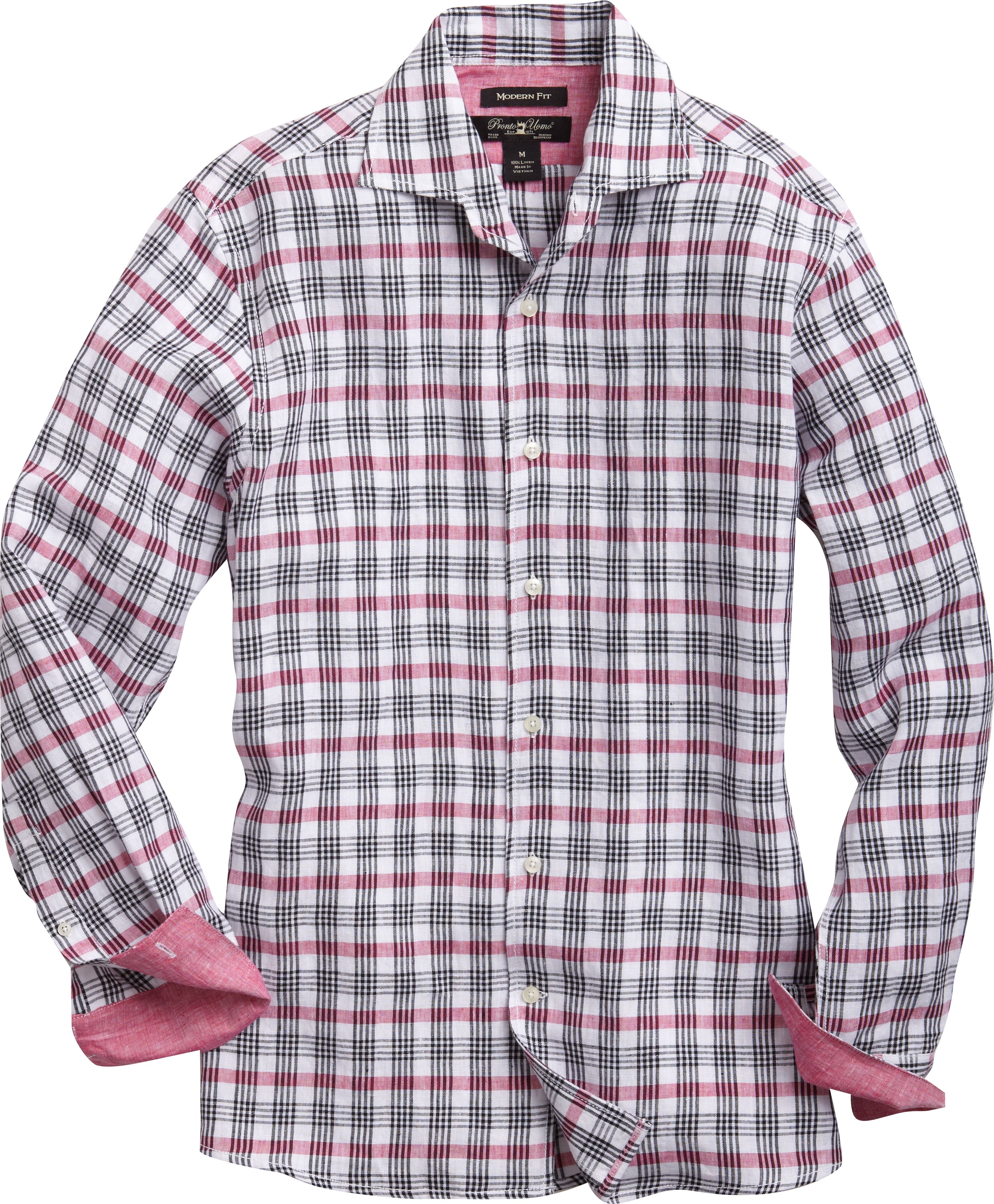 Pronto Uomo Red and Black Plaid Modern Fit Linen Sport Shirt