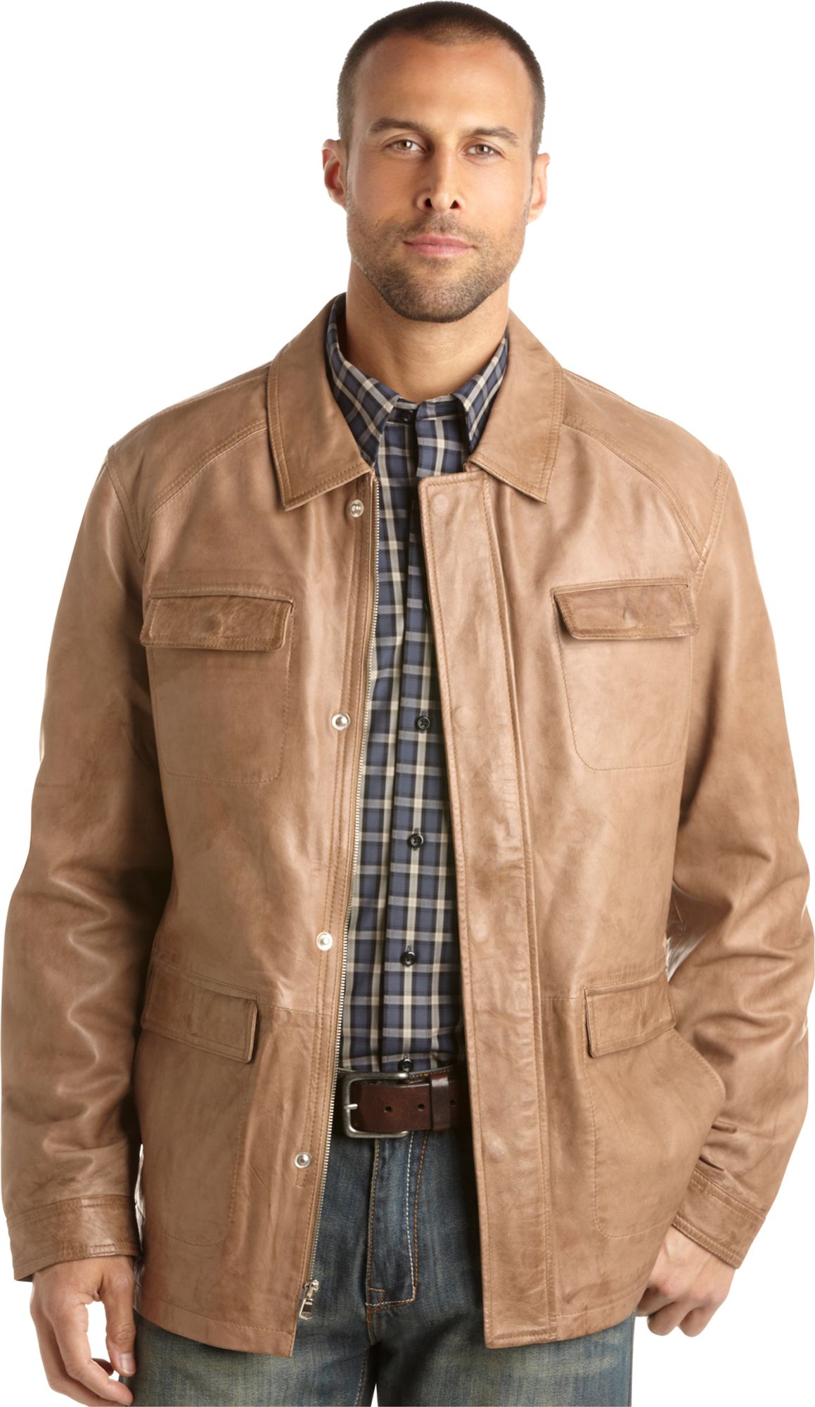 Pronto Blue Leather Field Jacket, Taupe