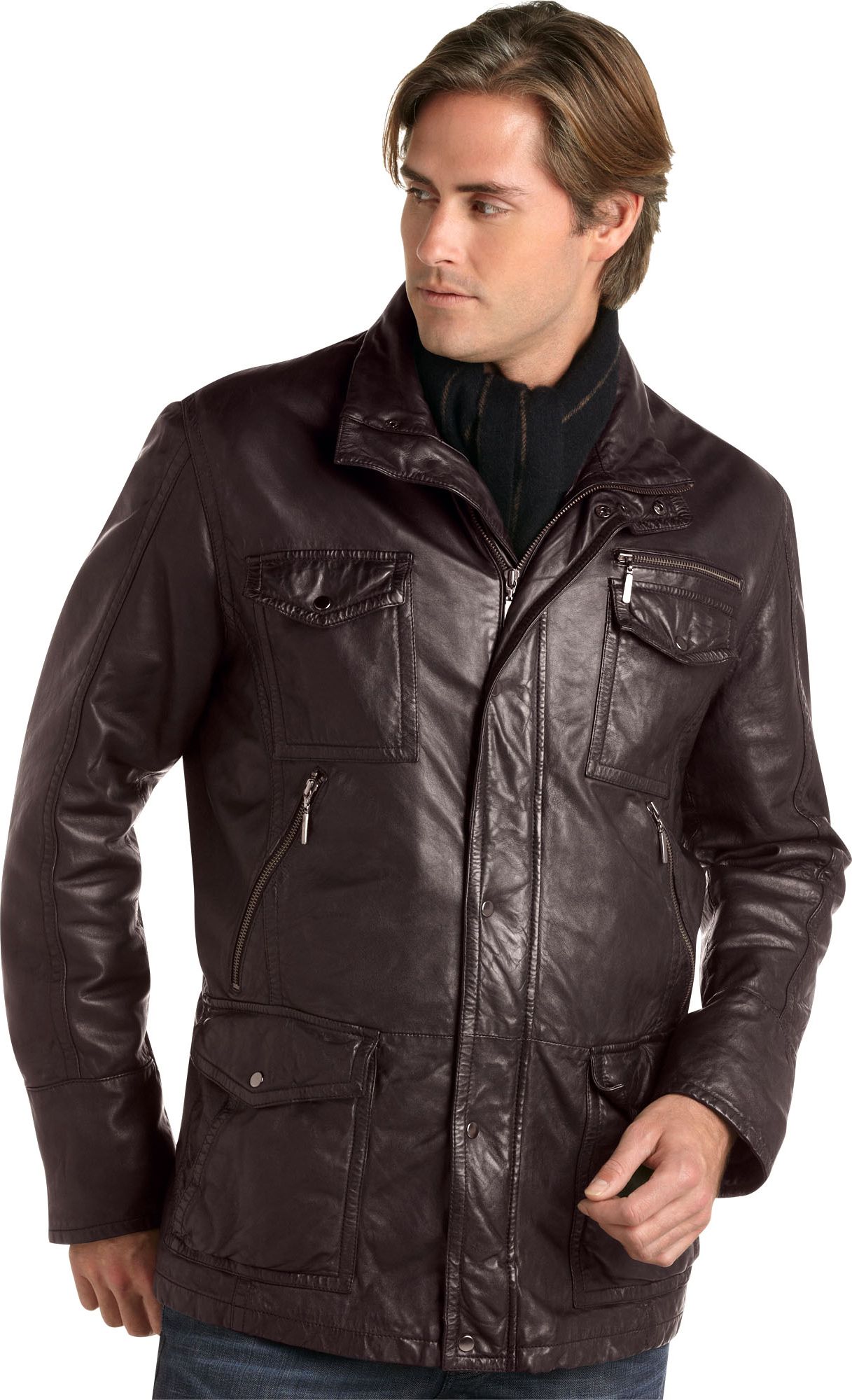 Pronto Blue Leather Jacket, Brown