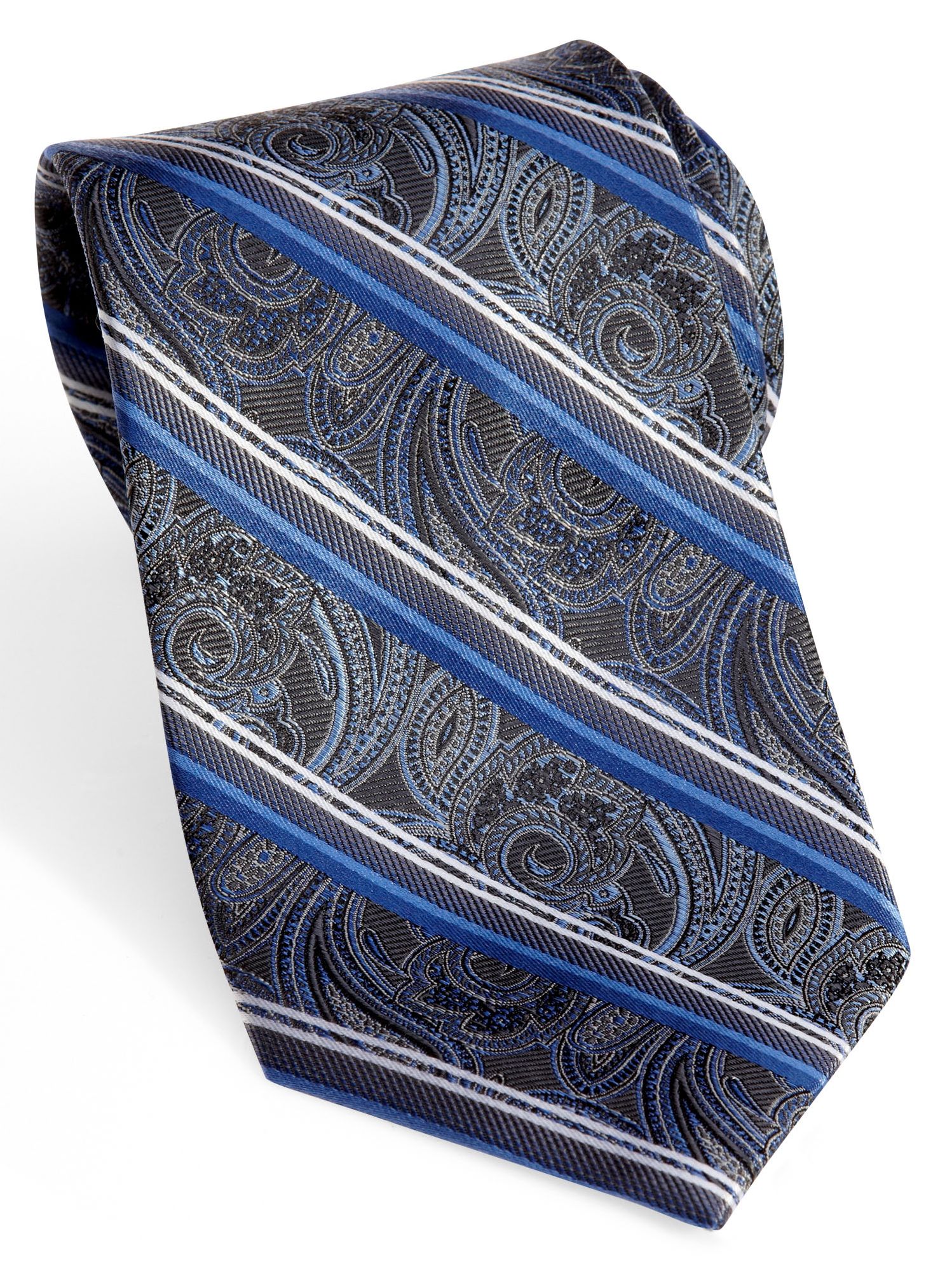 Pronto Uomo Couture Blue Paisley and Stripe Extra Long Tie
