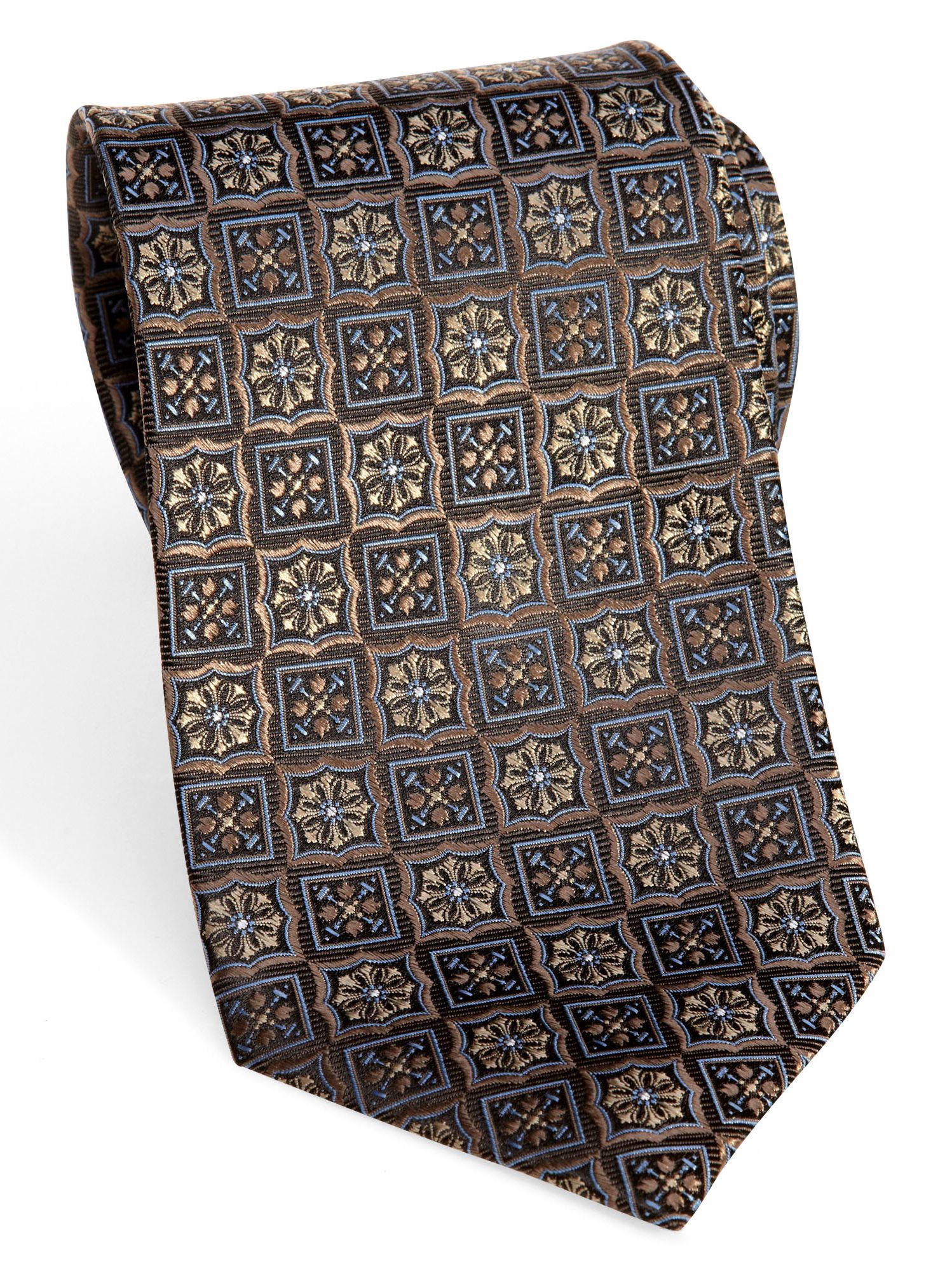 Pronto Uomo Couture Brown and Blue Geometric Extra Long Tie