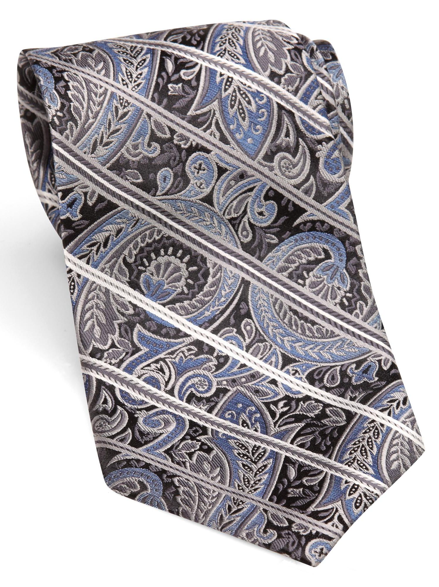 Pronto Uomo Extra Long Blue Paisley and Stripe Tie