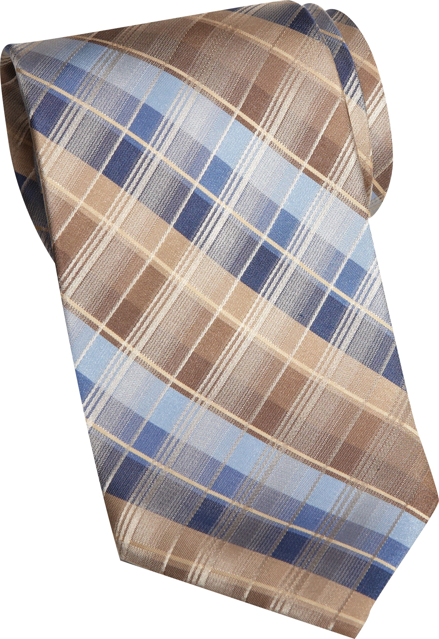 Pronto Uomo Couture Tan and Blue Plaid Narrow Extra Long Tie