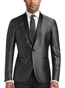 Complete a formal look with this stylish sport coat by Kenneth Cole Awearness. This on-trend piece features a textured pattern in shimmering dark gray satin shawl lapel and a trim flattering Slim Fit.