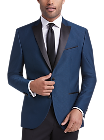 Complete a formal look with this stylish sport coat by Kenneth Cole Awearness. This on-trend piece features a jacquard pattern in rich blue satin lapel and a trim flattering Slim Fit.