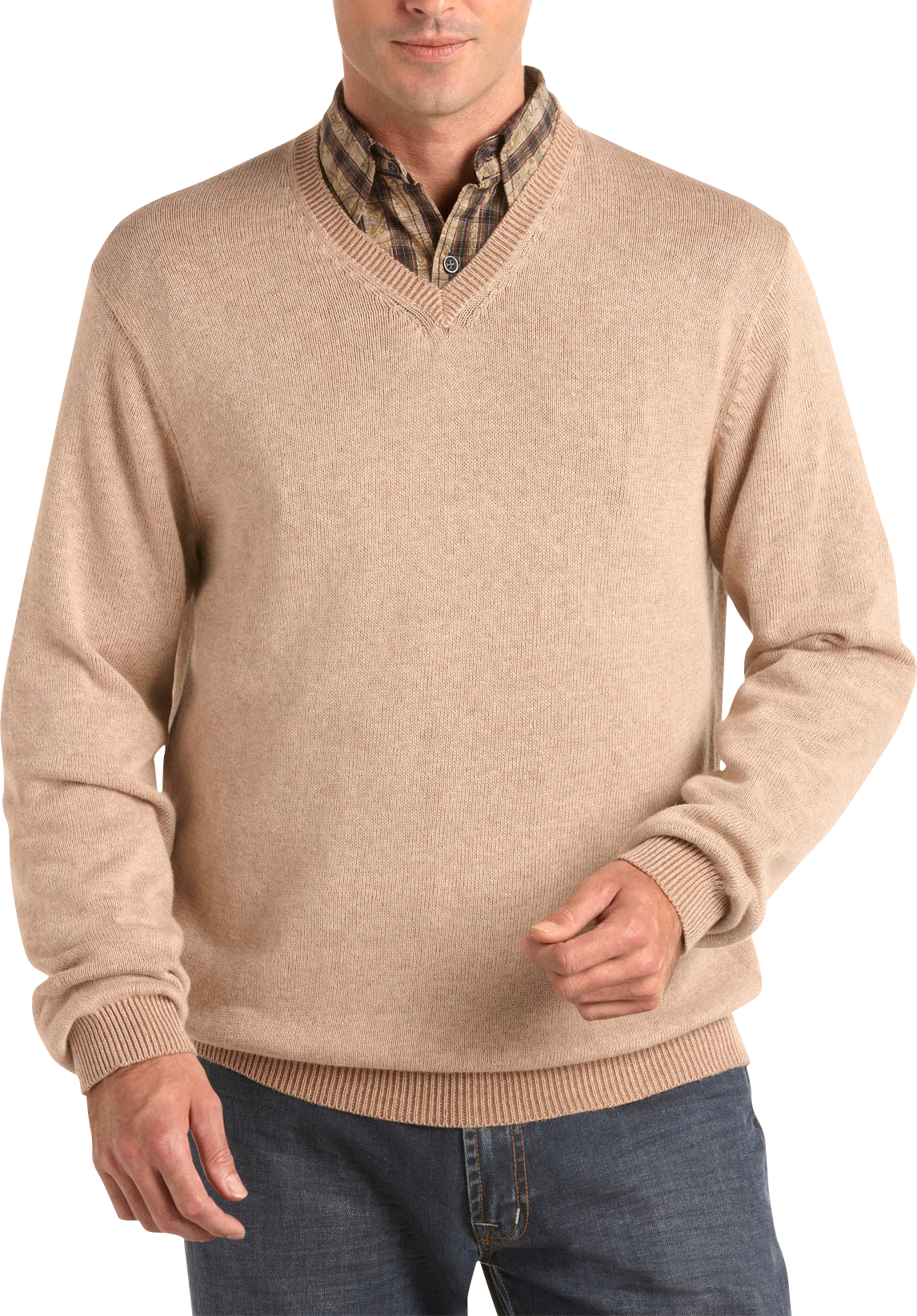 Pronto Blue V-Neck Sweater, Tan