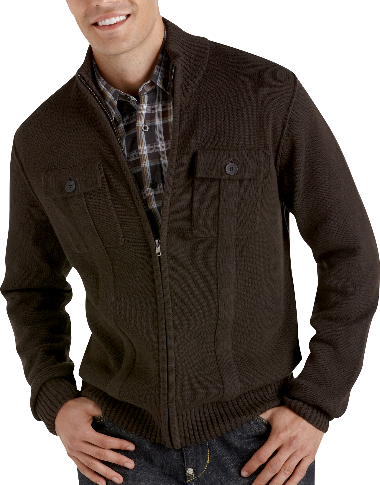 Pronto Blue Full Zip Sweater, Dark Brown