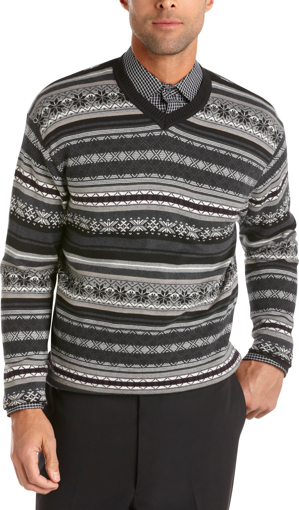 Pronto Blue V-Neck Sweater, Gray Stripe