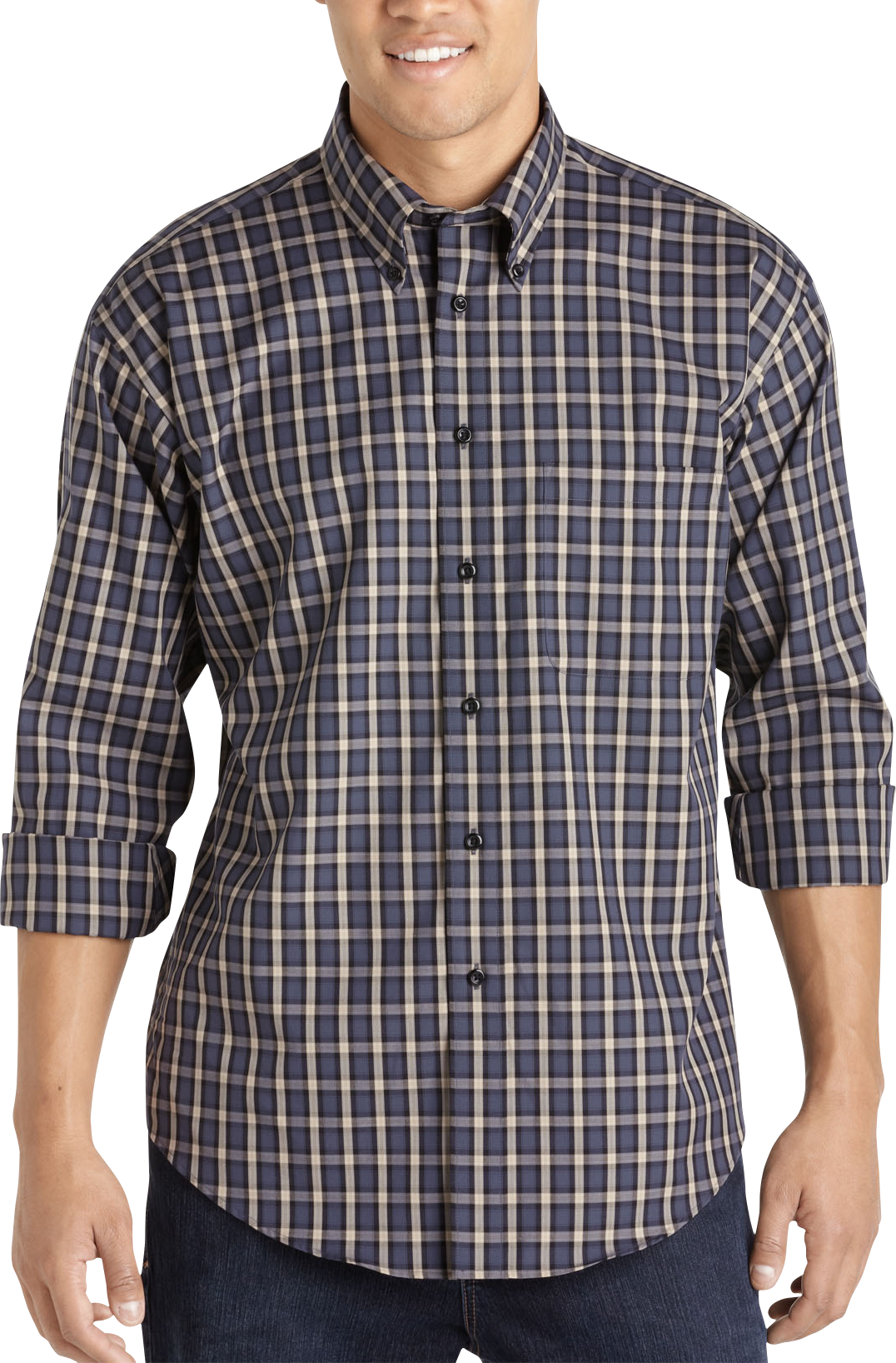 Joseph & Feiss Charcoal and Tan Plaid Button-Down Collar Woven Shirt