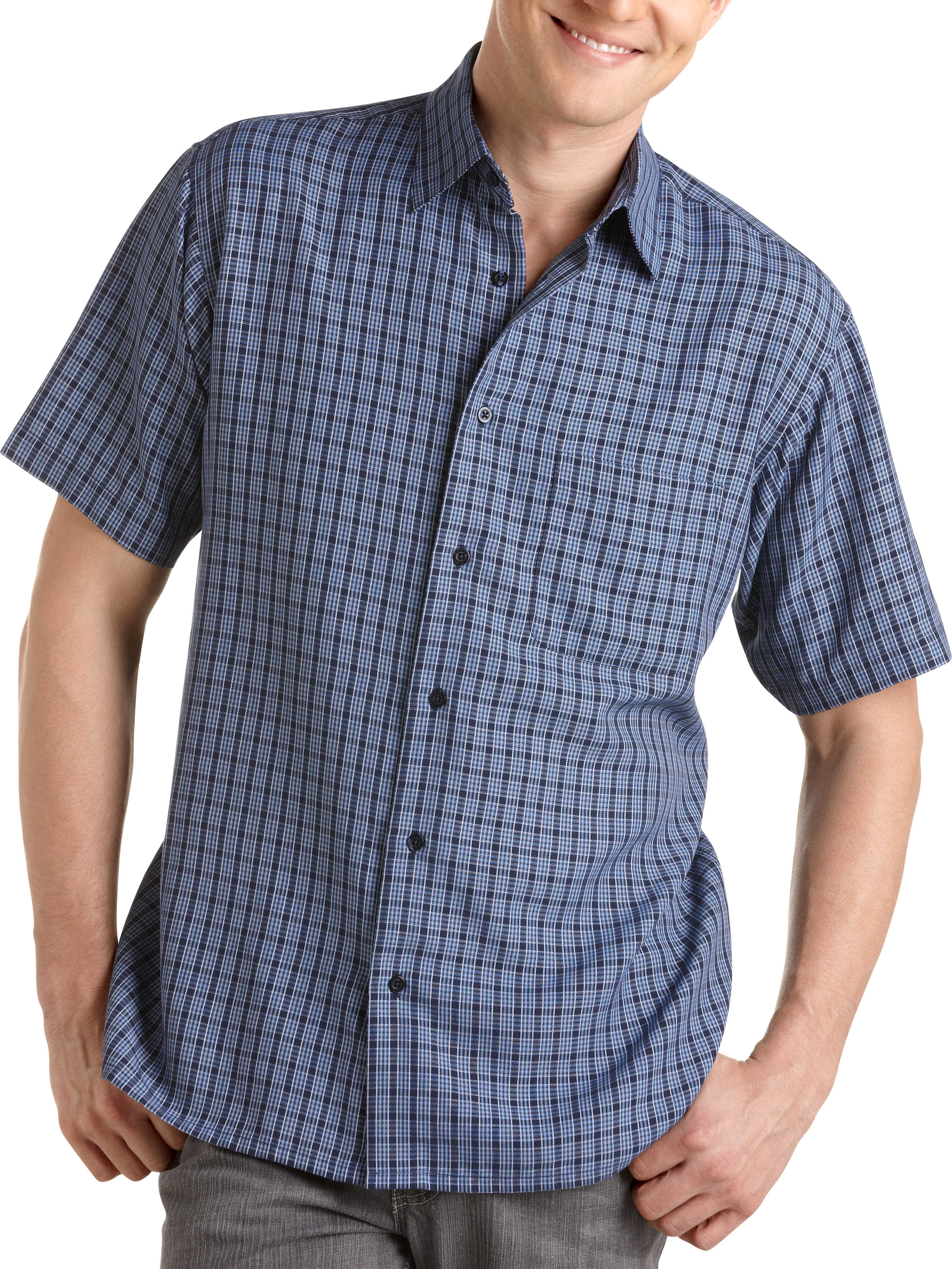 Pronto Uomo Blue Plaid Camp Collar Shirt, Blue