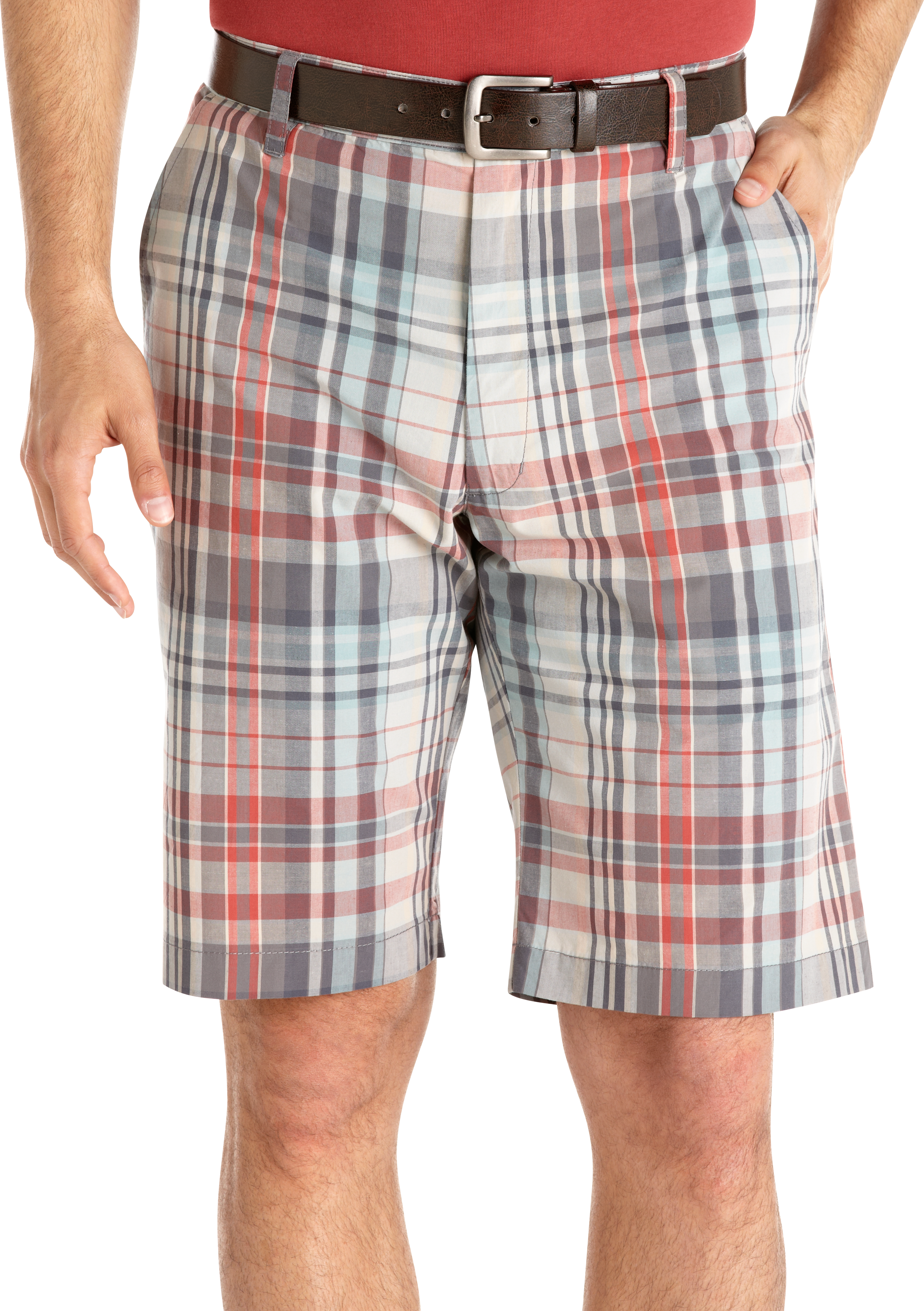Pronto Blue Plaid Shorts, Red