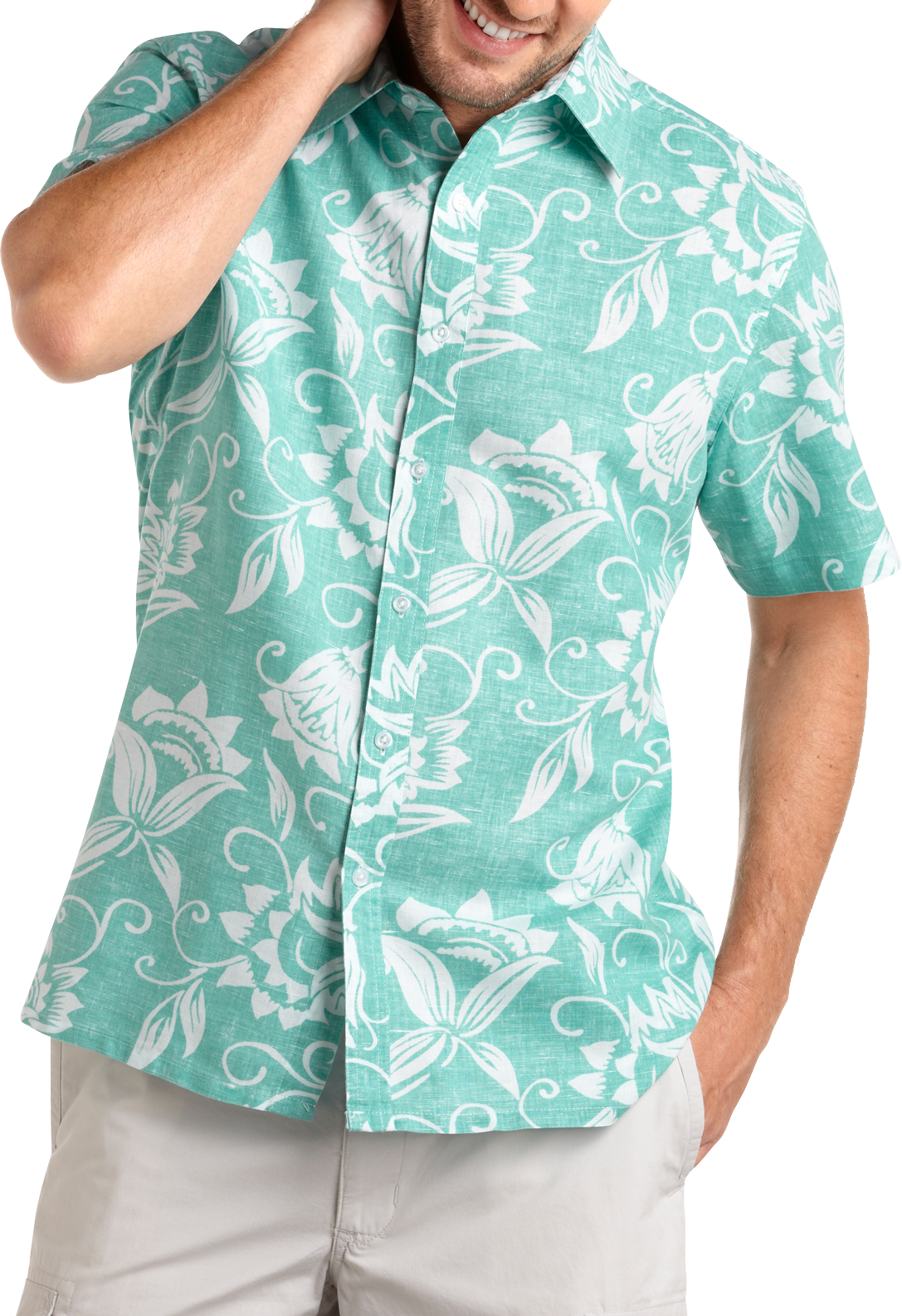 Natural Blue Floral Linen Blend Camp Collar Shirt, Aqua