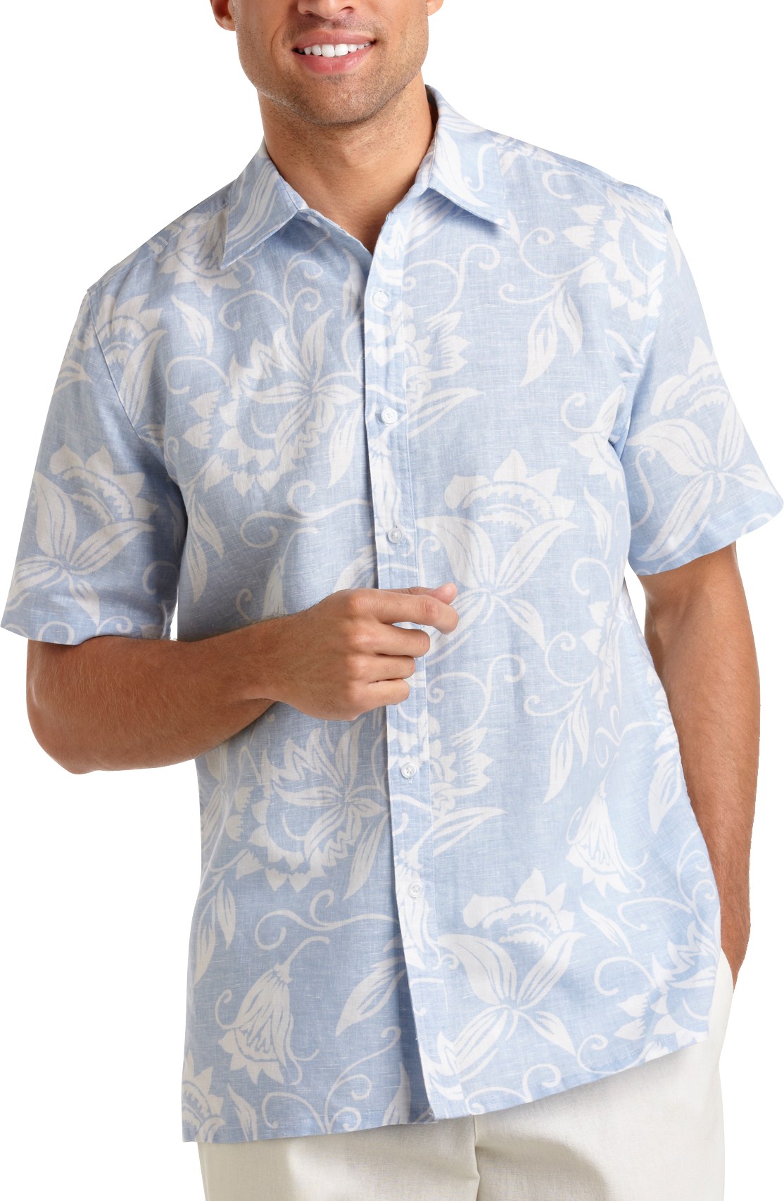 Natural Blue Floral Linen Blend Camp Collar Shirt, Light Blue