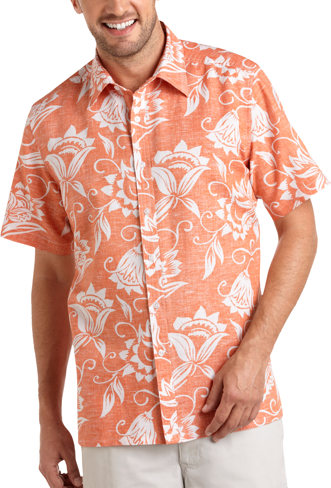 Natural Blue Floral Linen Blend Camp Collar Shirt, Coral