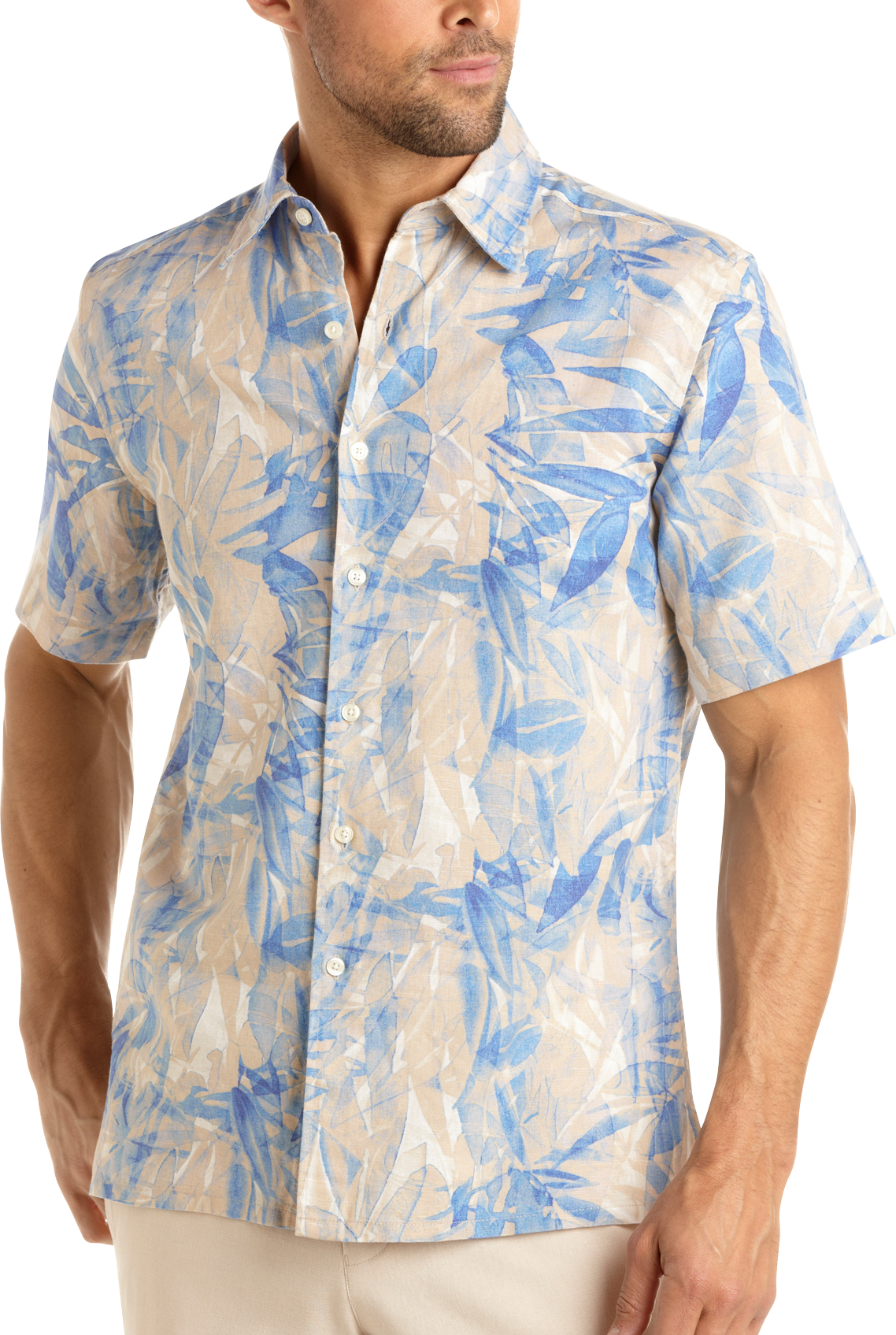 Natural Blue Palm Print Camp Shirt, Blue