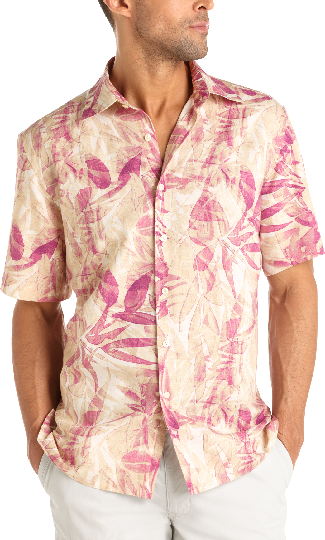Natural Blue Palm Print Camp Shirt, Tan And Plum