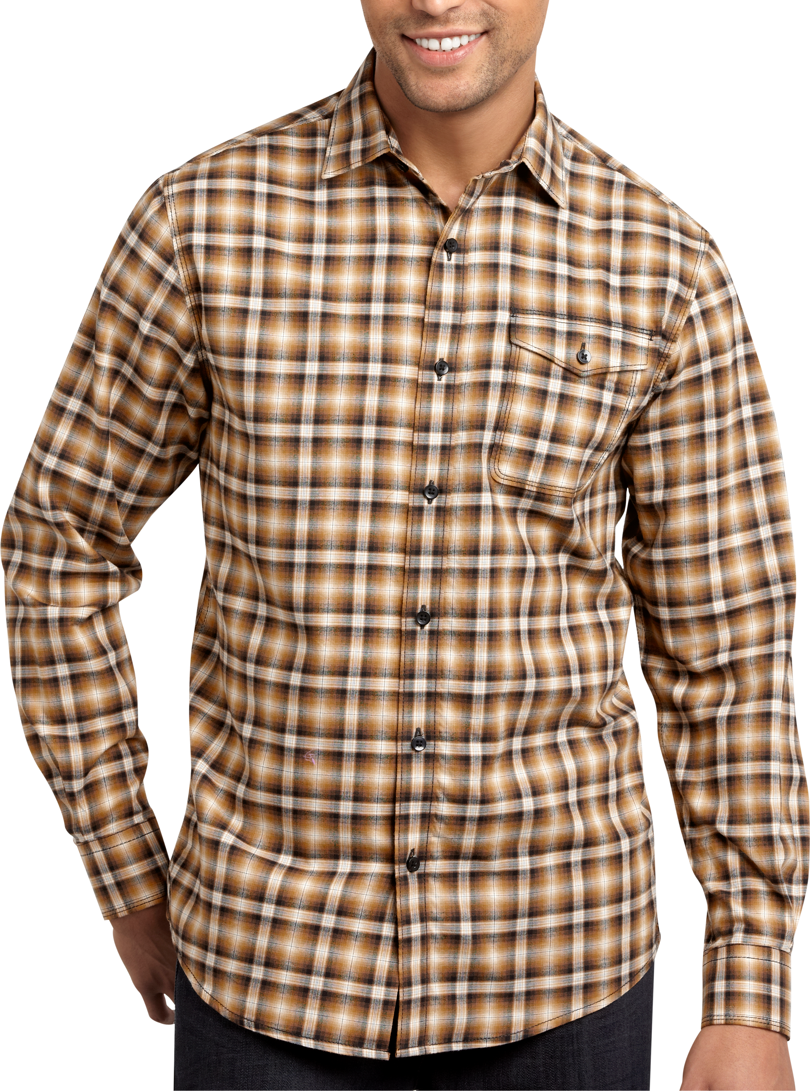 Pronto Blue Sport Shirt Black and Gold Plaid