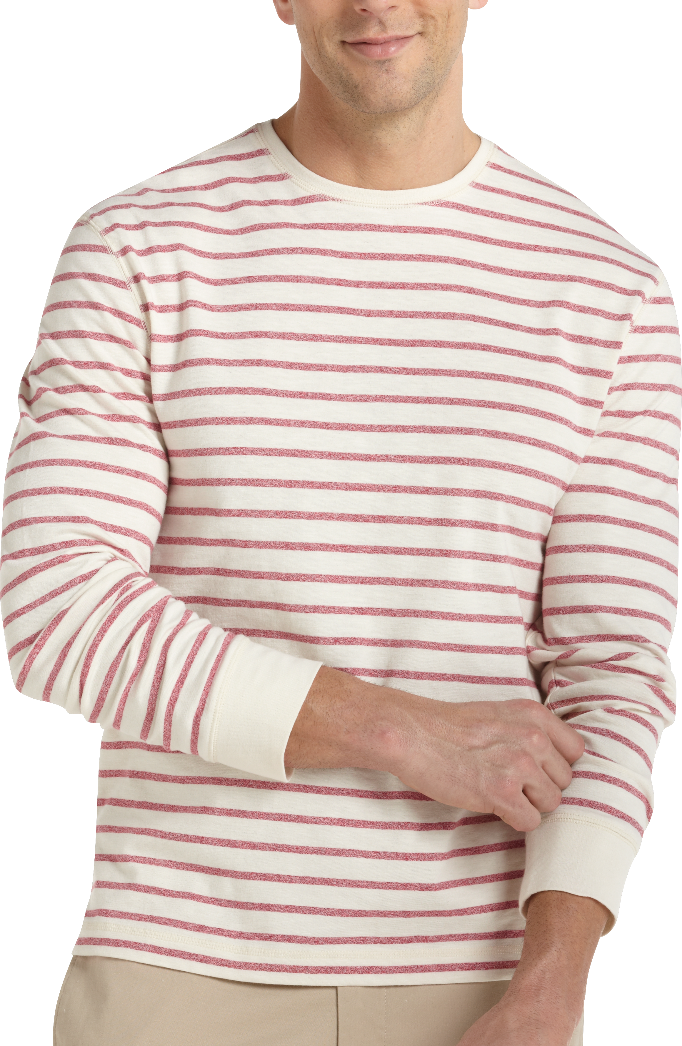 Pronto Blue Crewneck Slim Fit Shirt, Red and Ivory Stripe