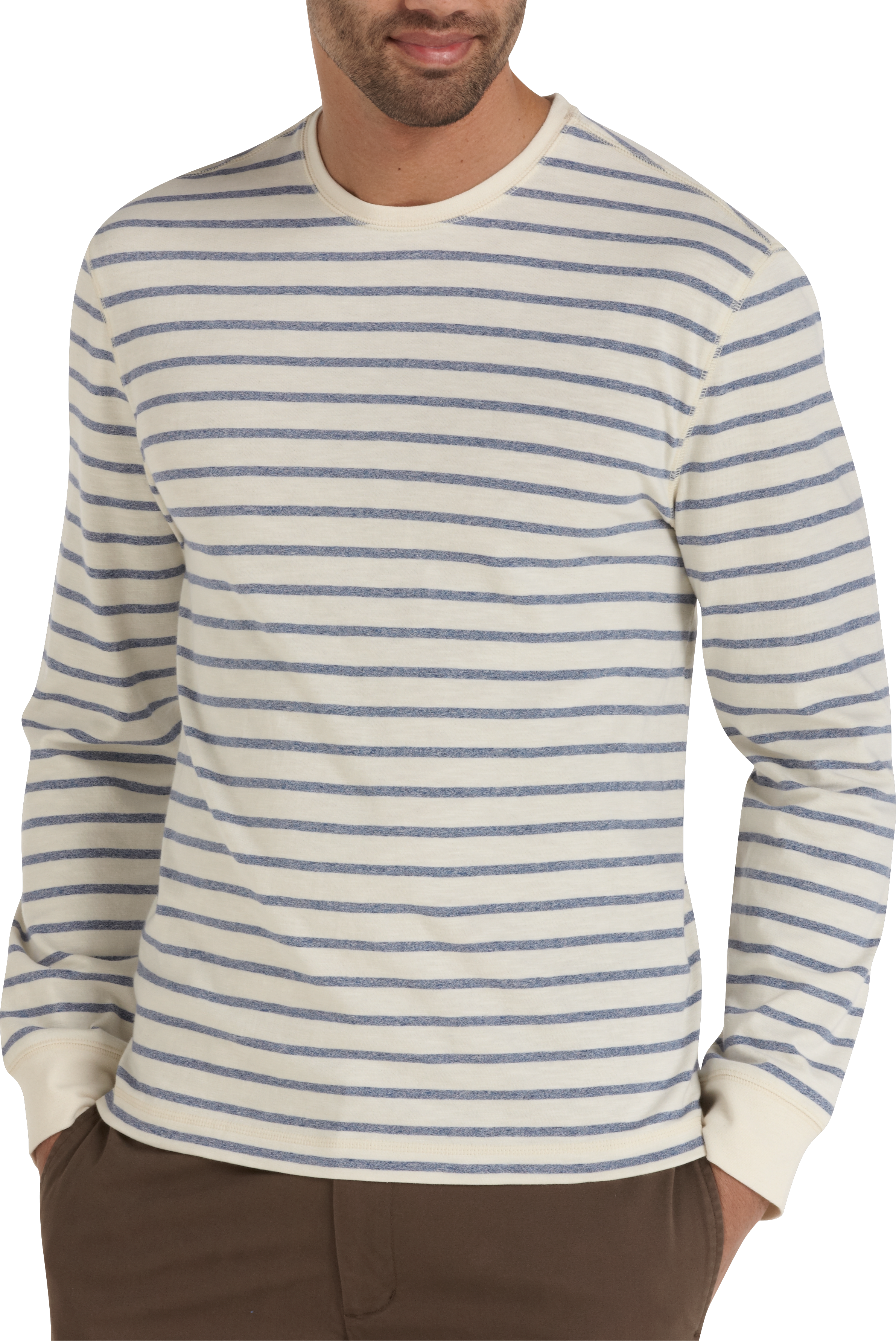 Pronto Blue Crewneck Slim Fit Shirt, Blue and Ivory Stripe