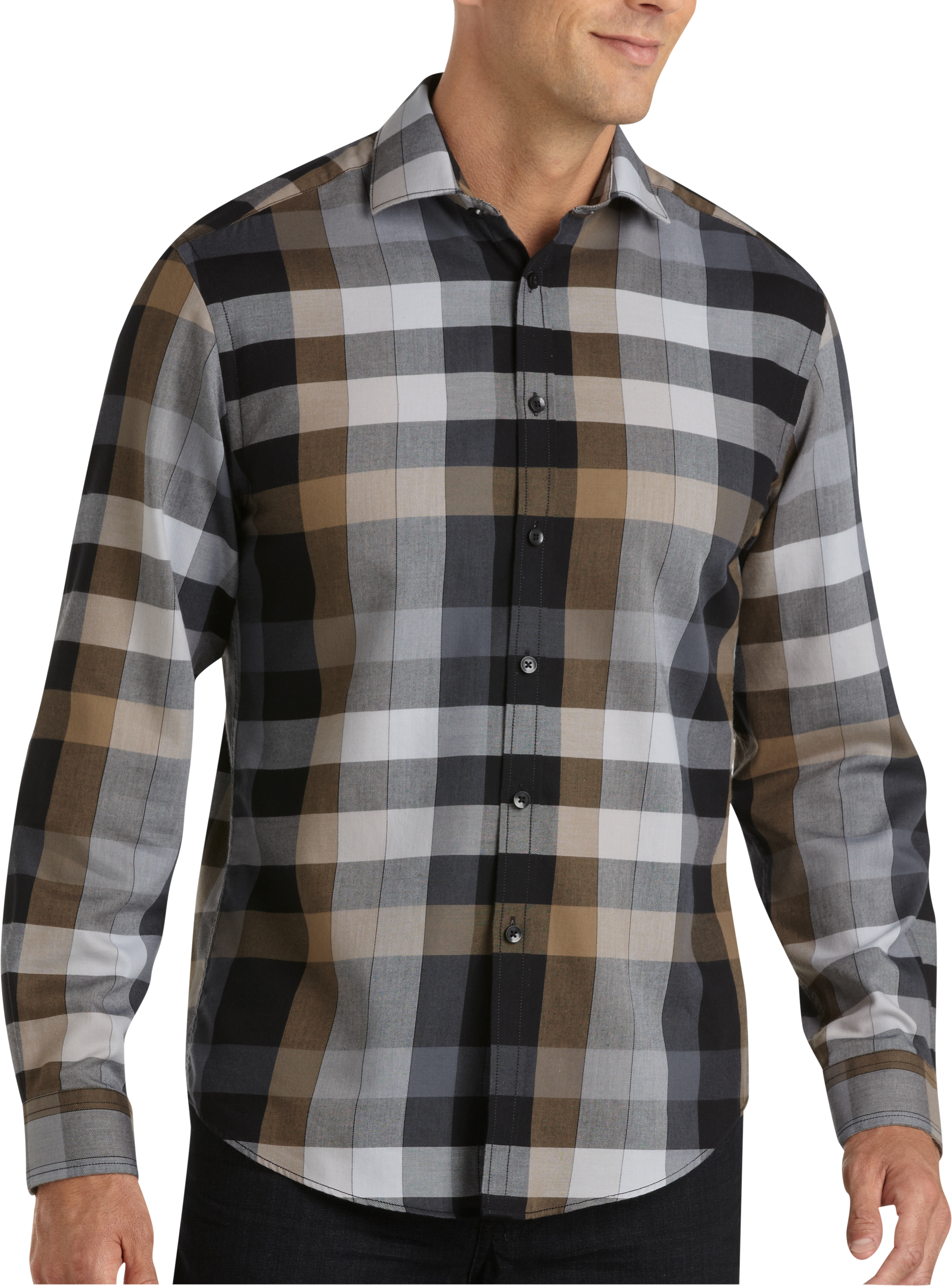 Pronto Blue Sport Shirt, Brown and Gray Plaid