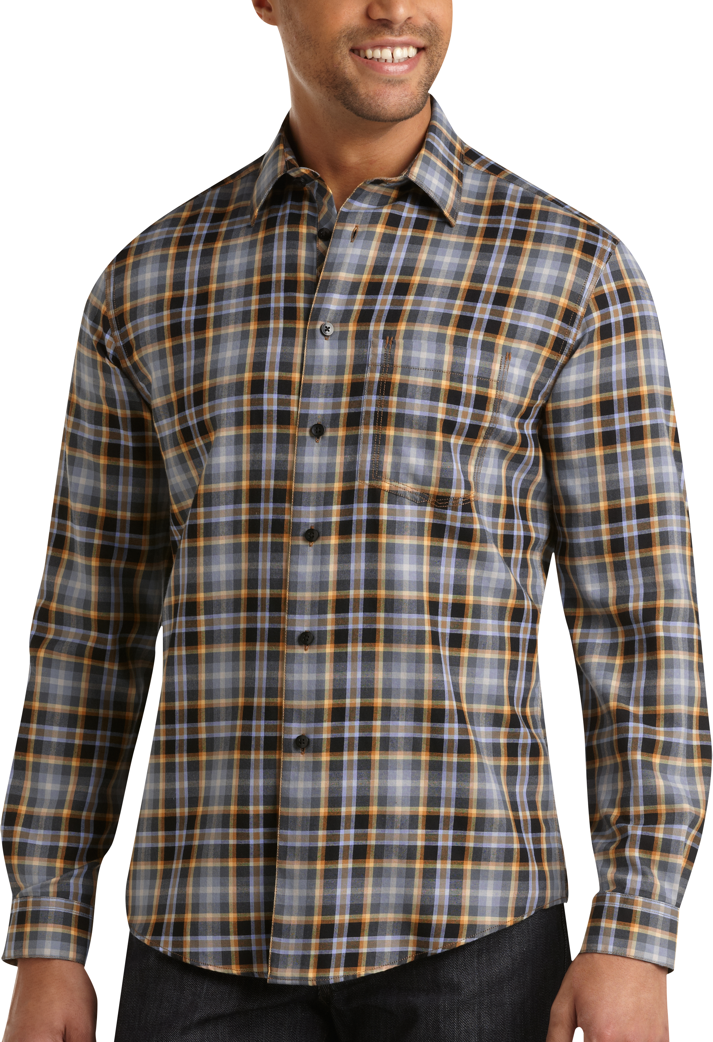 Pronto Blue Sport Shirt, Orange Plaid