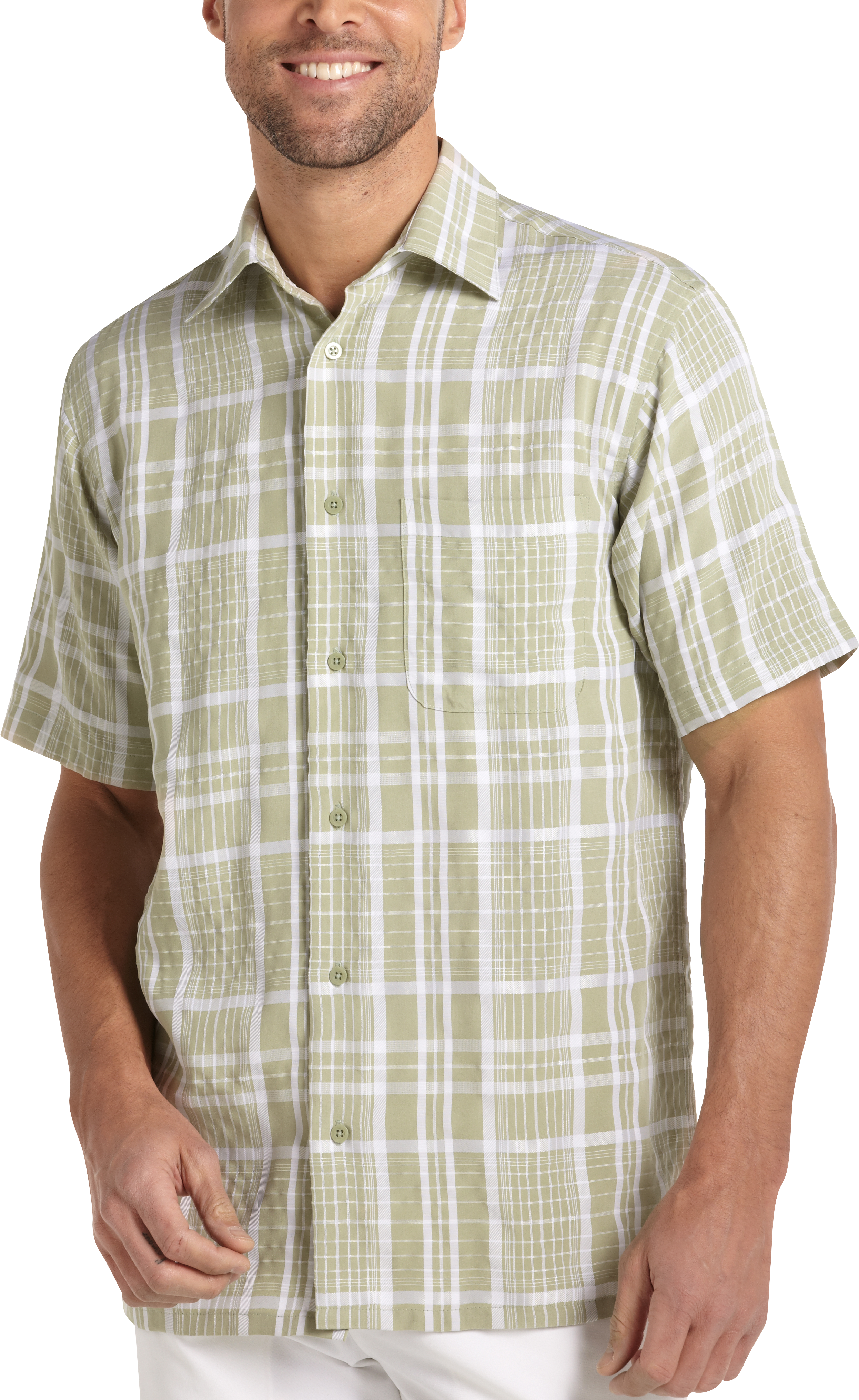 Joseph & Feiss Resort Green and White Plaid Camp Collar Shirt
