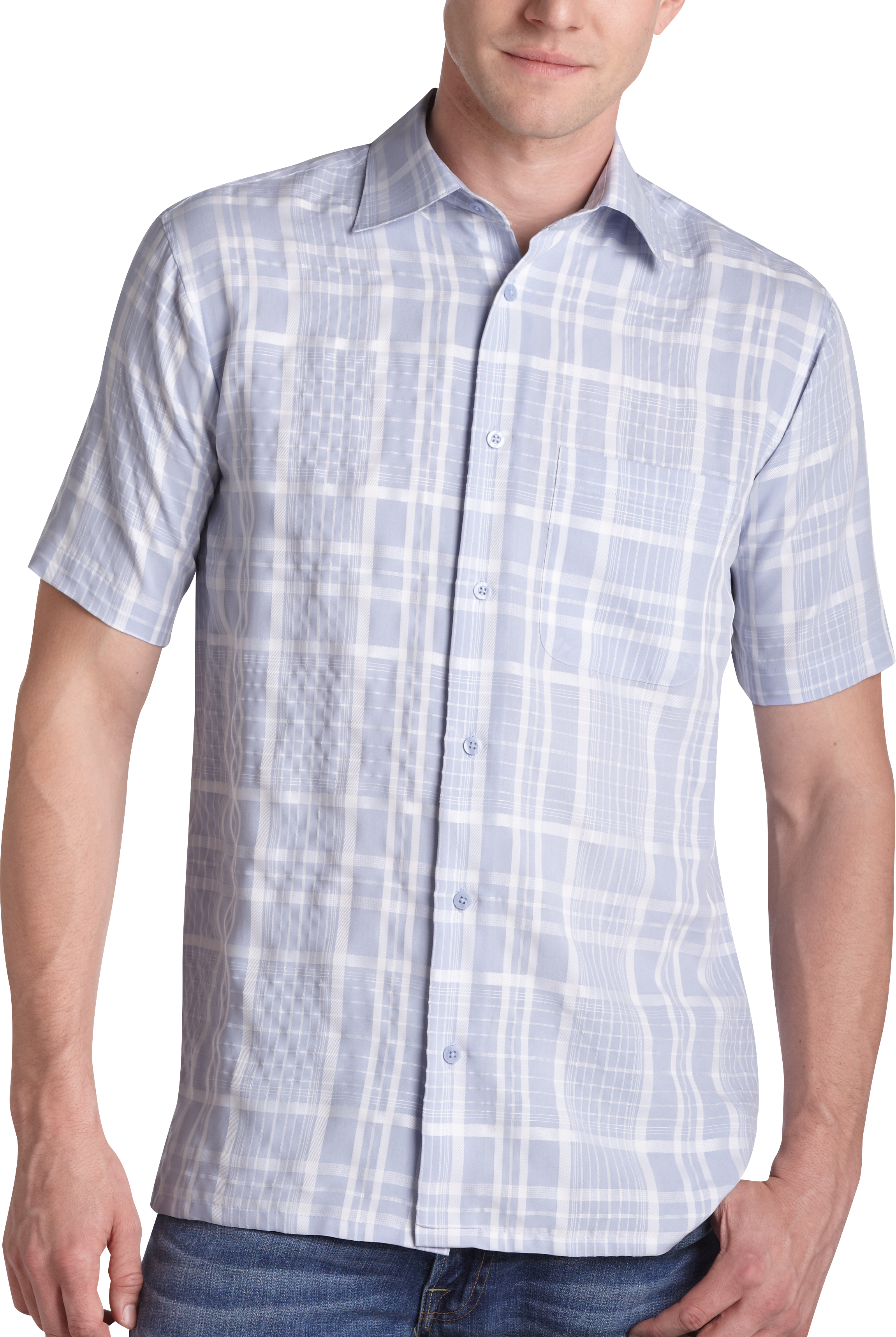 Joseph & Feiss Resort Sky Blue and White Plaid Camp Collar Shirt