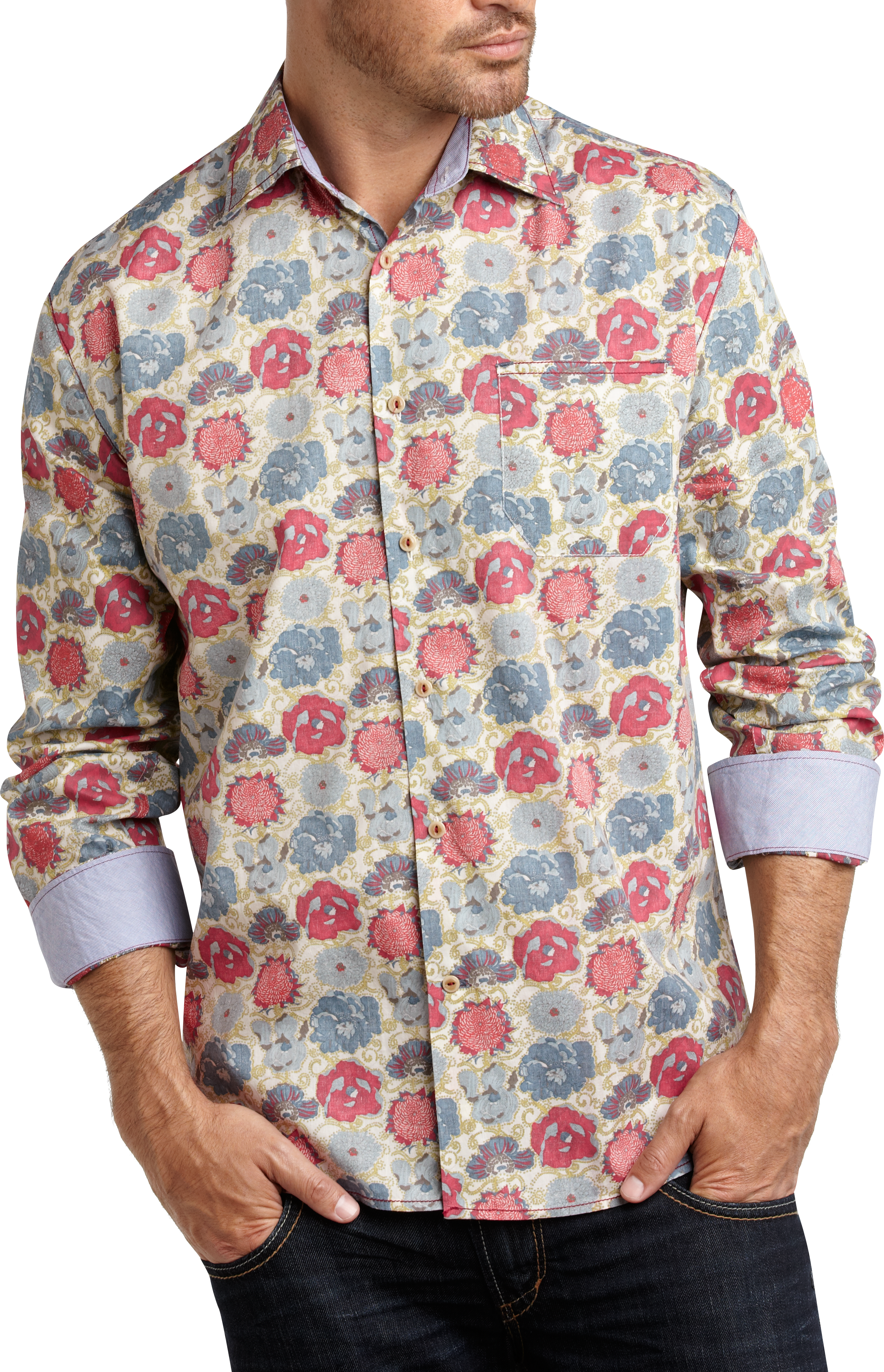 Pronto Blue Sport Shirt, Blue and Red Floral